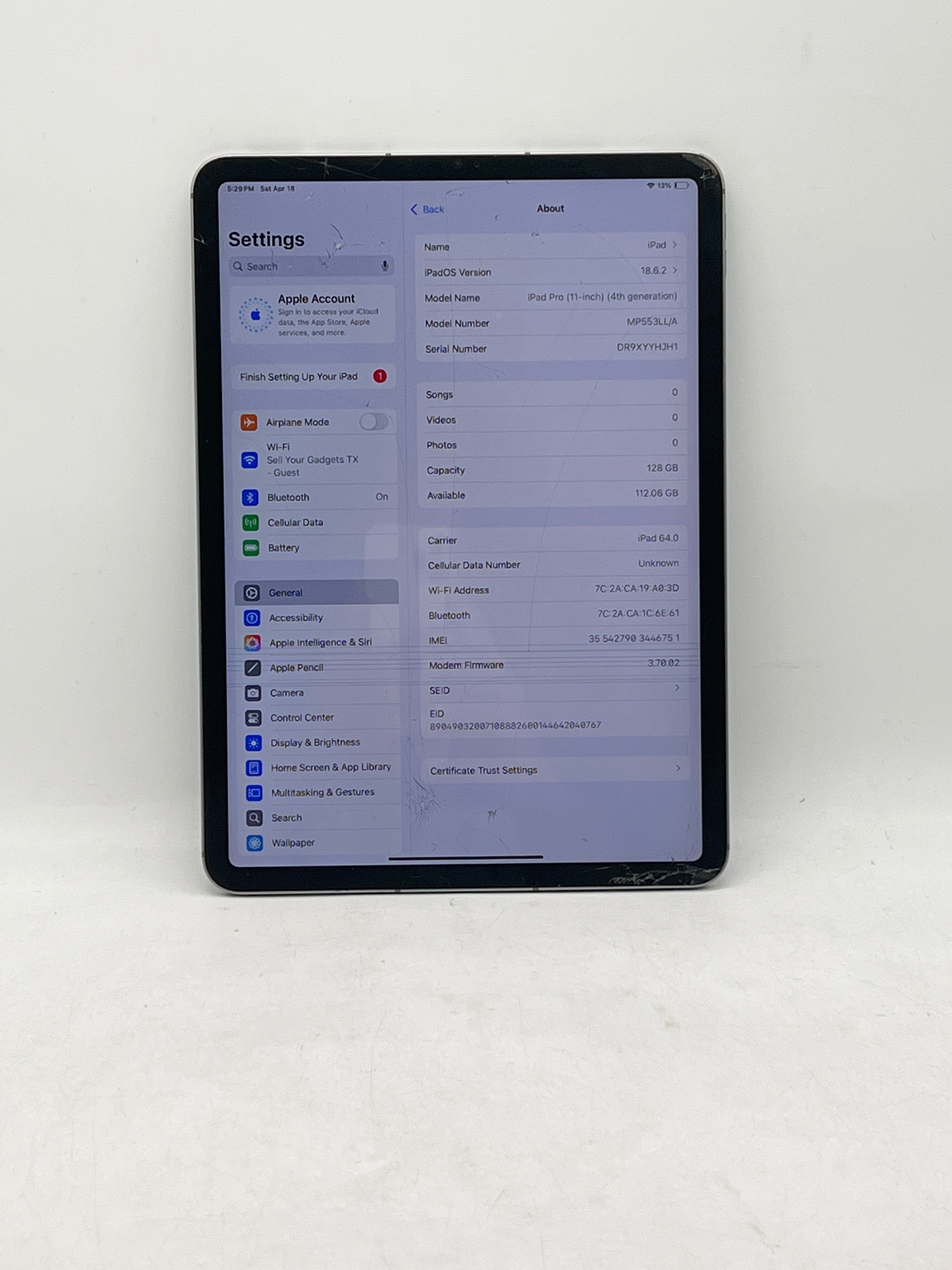 Apple iPad Pro 11" 4th Gen A2435 128GB Wi-Fi + 5G - Cracked Screen