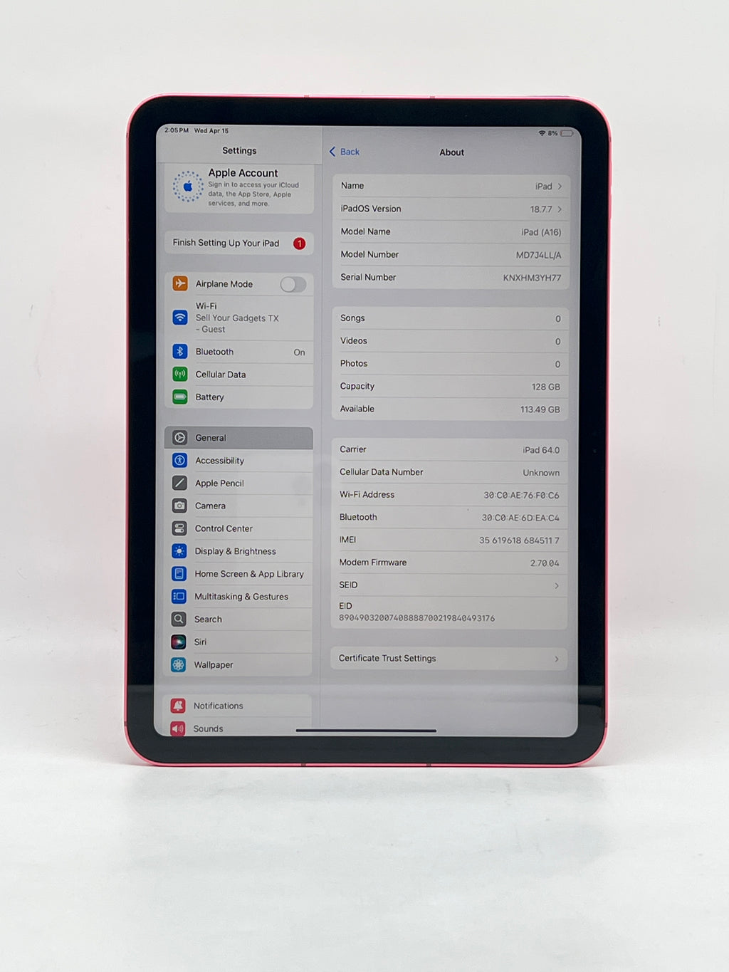 Apple iPad A16 128GB Unlocked Wi-Fi + Cellular Pink - Used