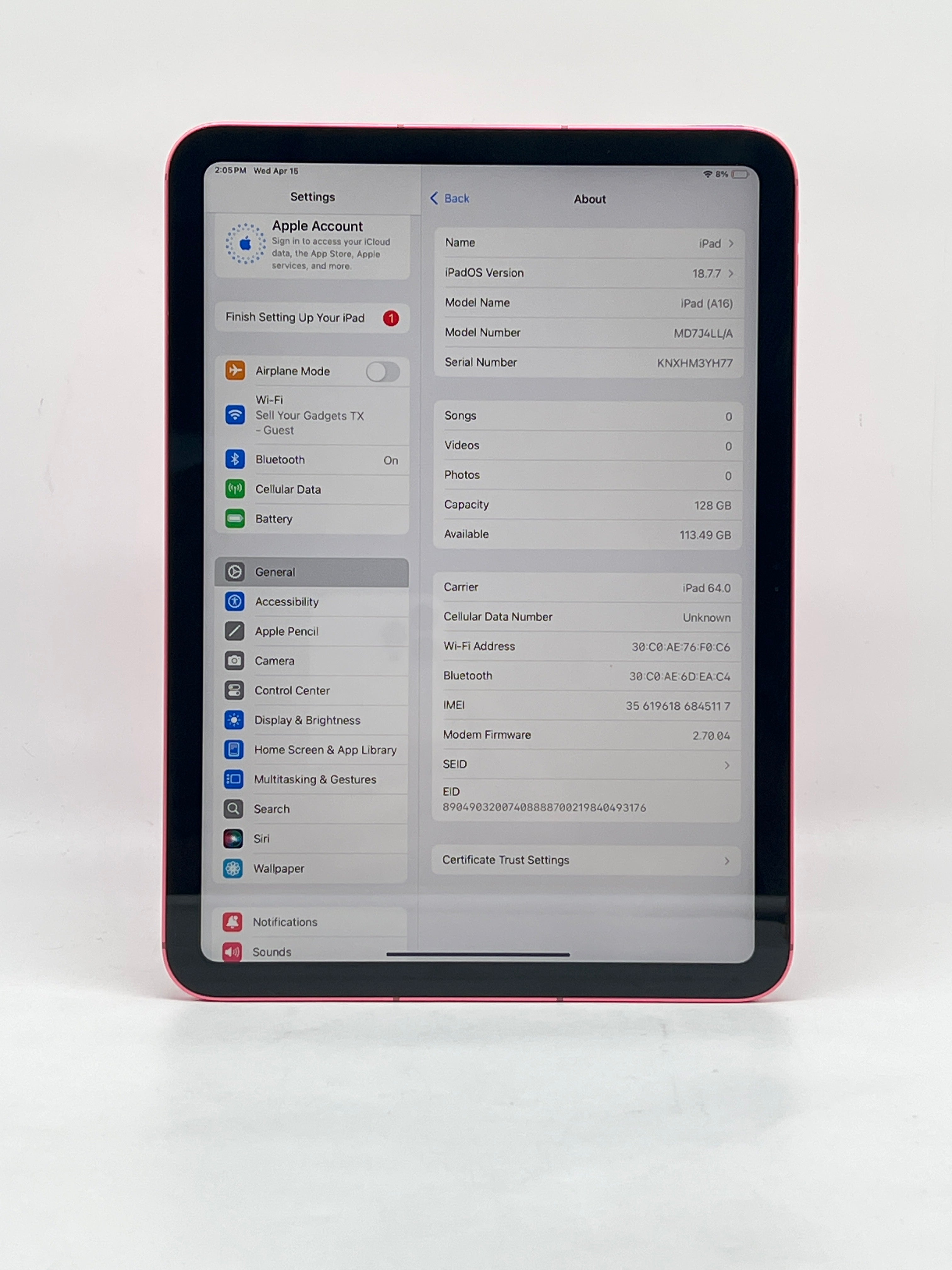 Apple iPad A16 128GB Unlocked Wi-Fi + Cellular Pink - Used