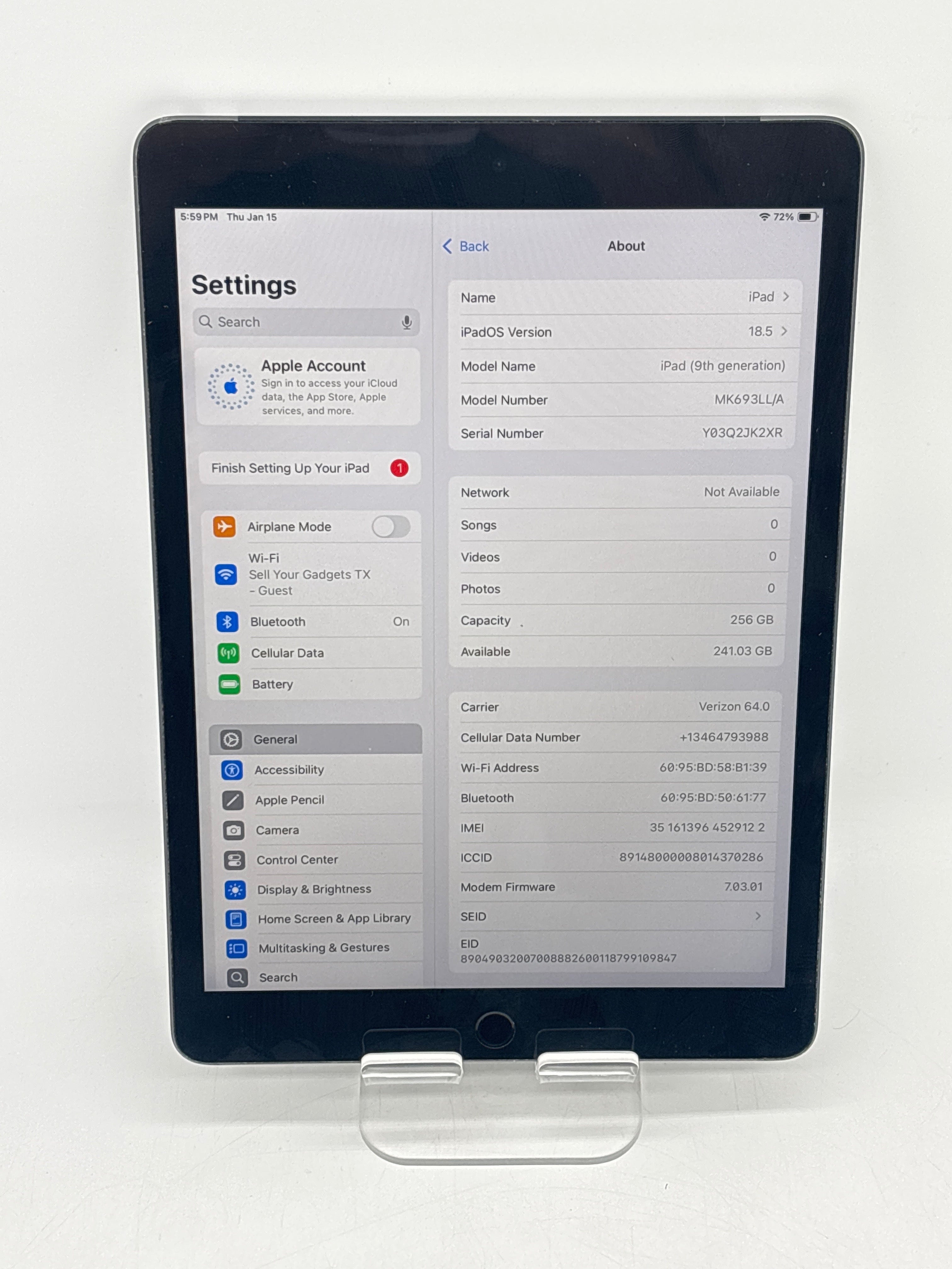 Apple iPad (9th Gen) A2603 10.2 in 256GB WiFi+Cellular Unlocked Space Gray