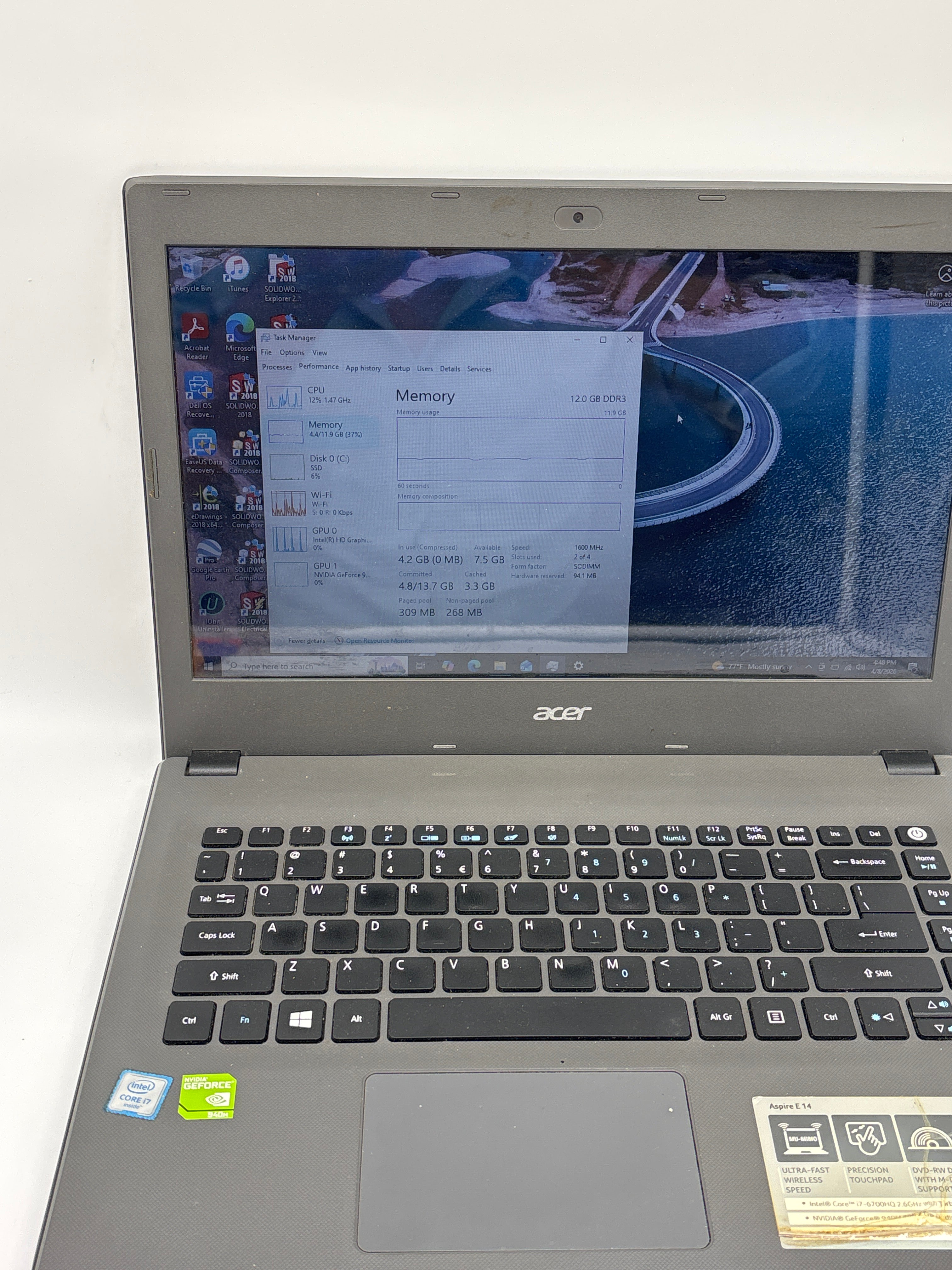 Acer Aspire E5-491G i7-6700hq 12GB RAM 1TB SSD Geforce 940M - Used