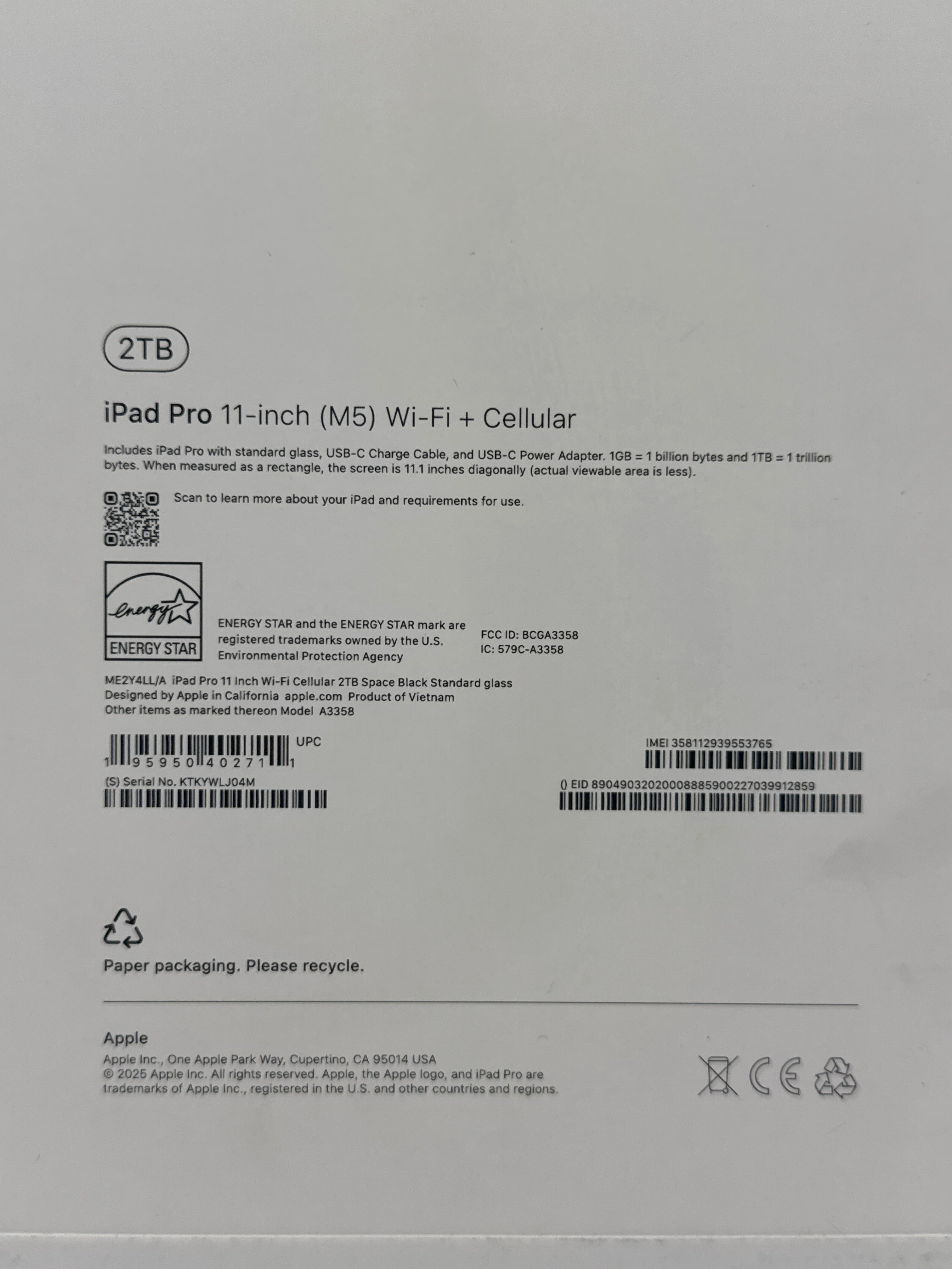 Apple iPad Pro 11-inch M5 2TB Wi-Fi 5G Space Black A3359 New In Box