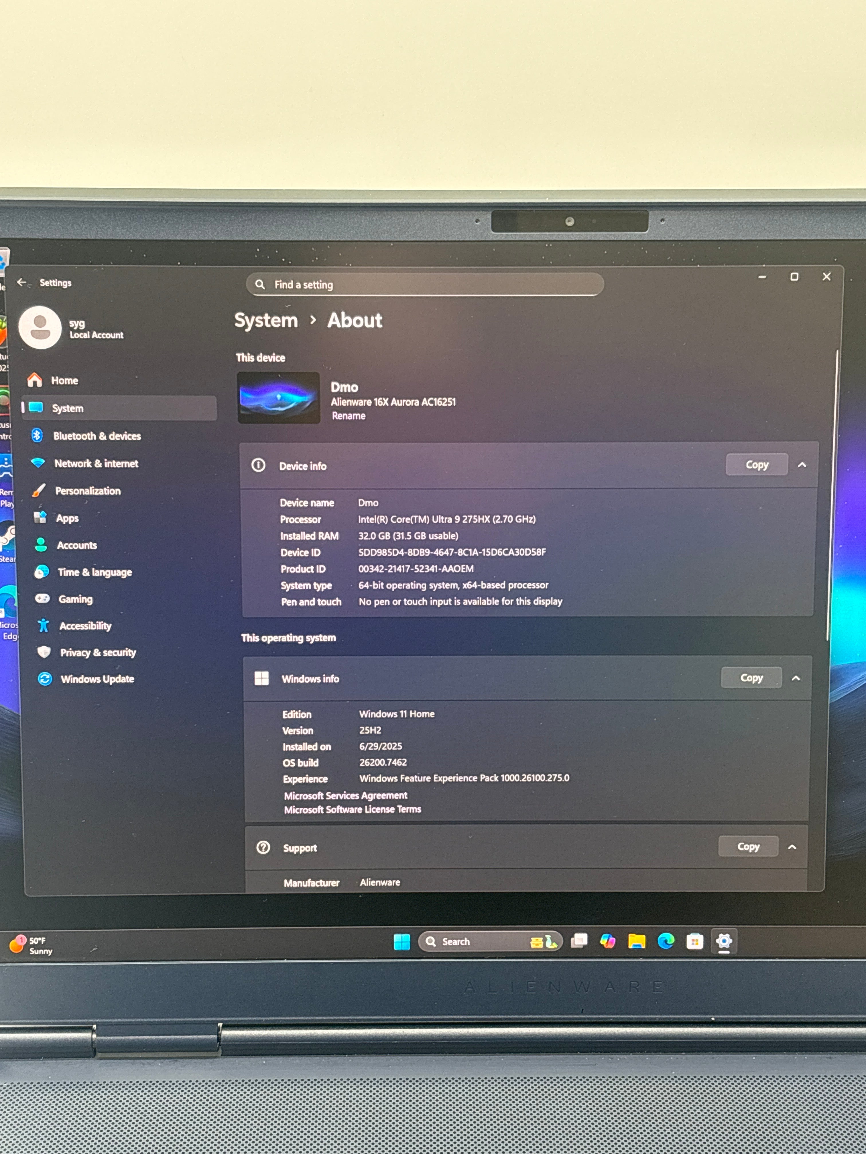 Dell Alienware 16X Aurora AC16251 Core Ultra 9 275HX 32GB RAM 1TB SSD