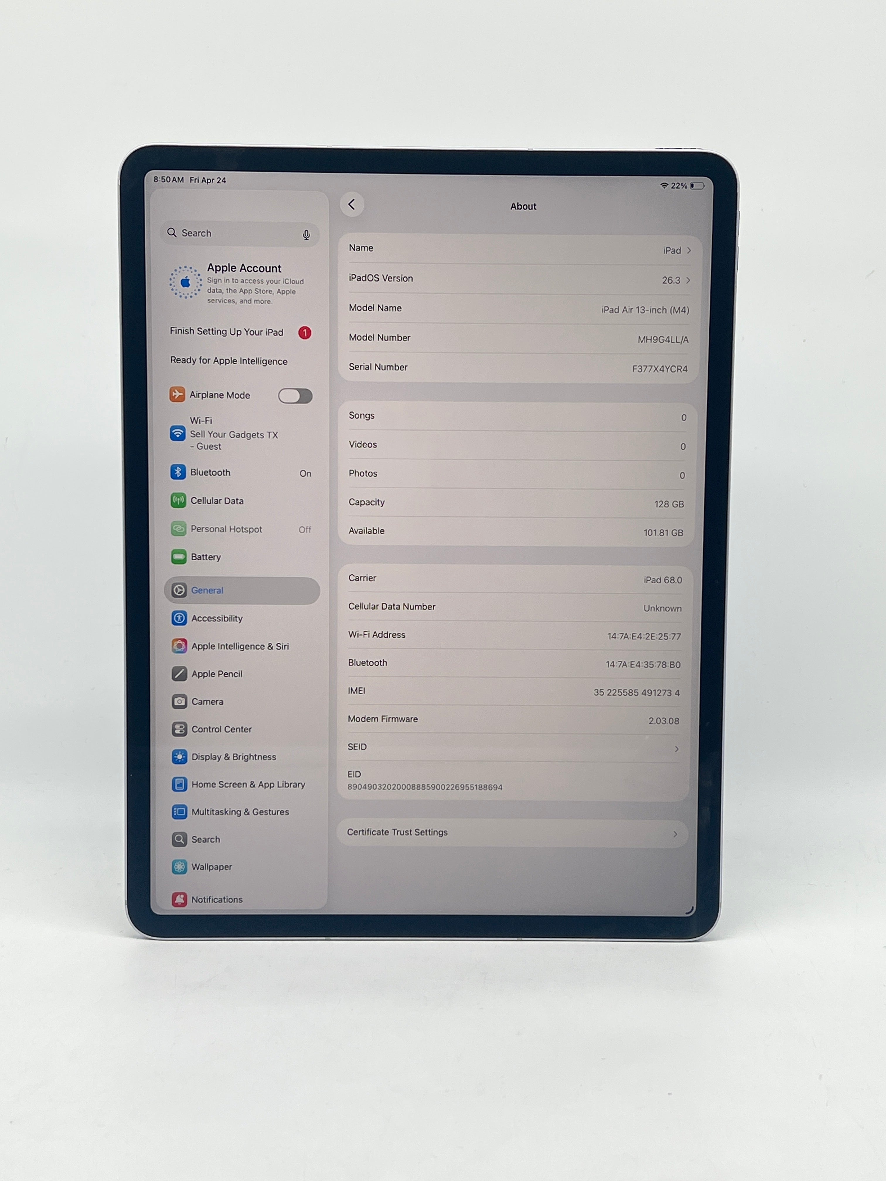 Apple iPad Air 13" M4 128GB Wi-Fi + Cellular Purple - Used