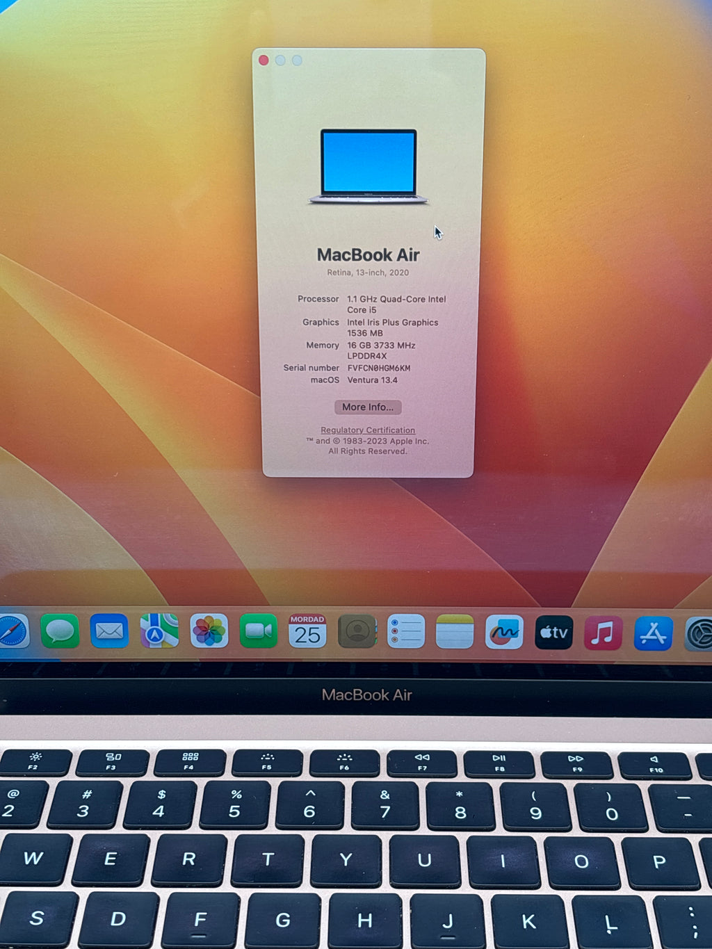 Apple MacBook Air 13" A2179 Intel Core i5 16GB RAM 512GB SSD Gold - Used