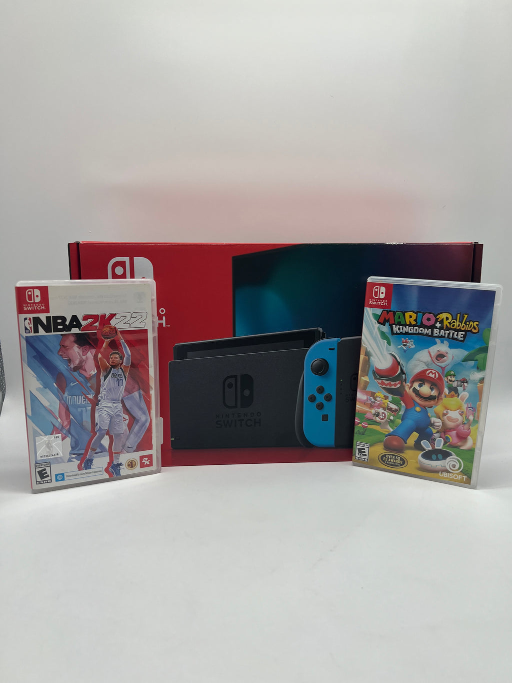 Nintendo Switch V2 HAC-001(-01) w/ Red and Blue Joycons and Games - Used with Box