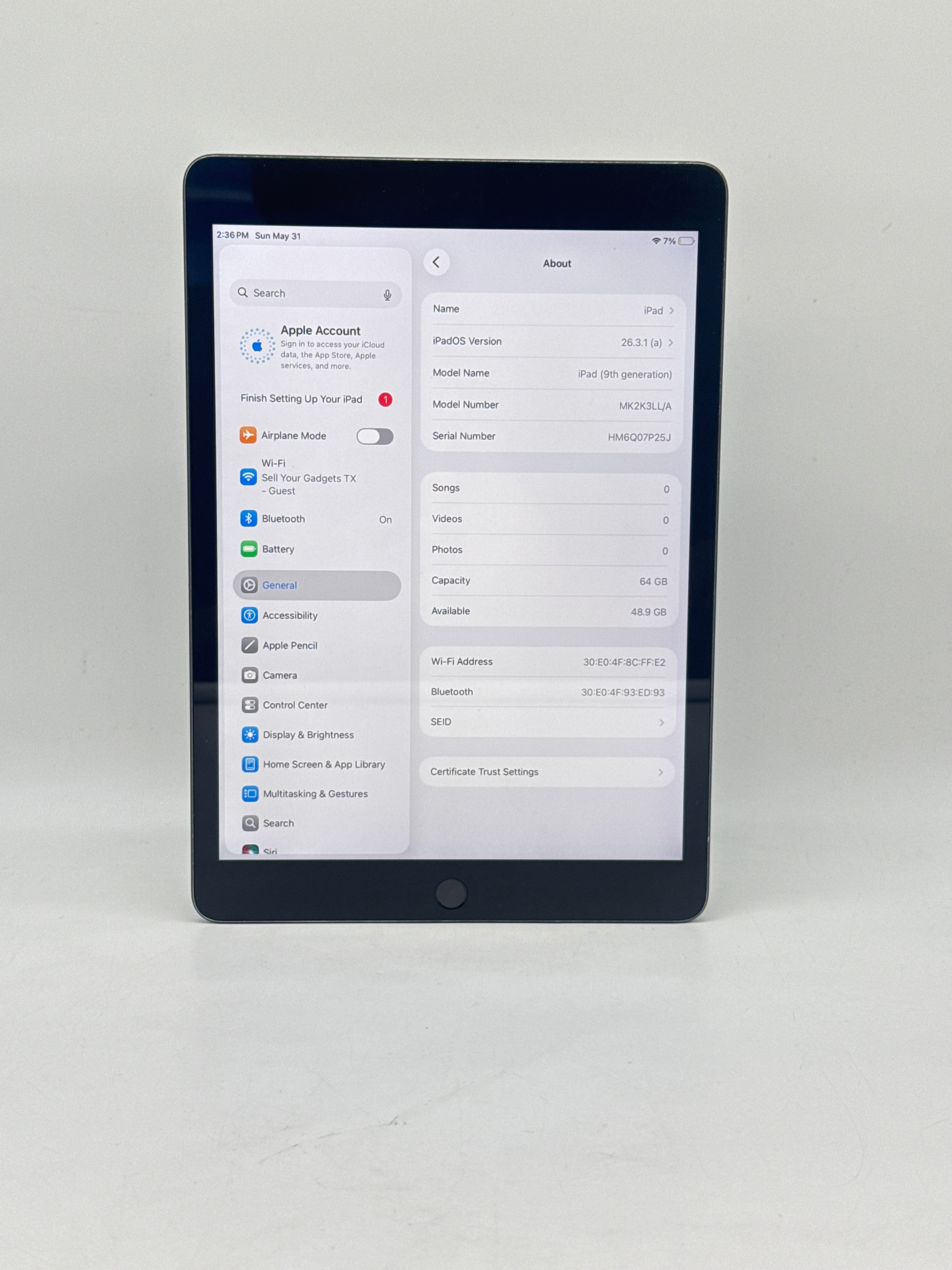 Apple iPad 9th Gen A2602 64GB Wi‑Fi Space Gray - Used