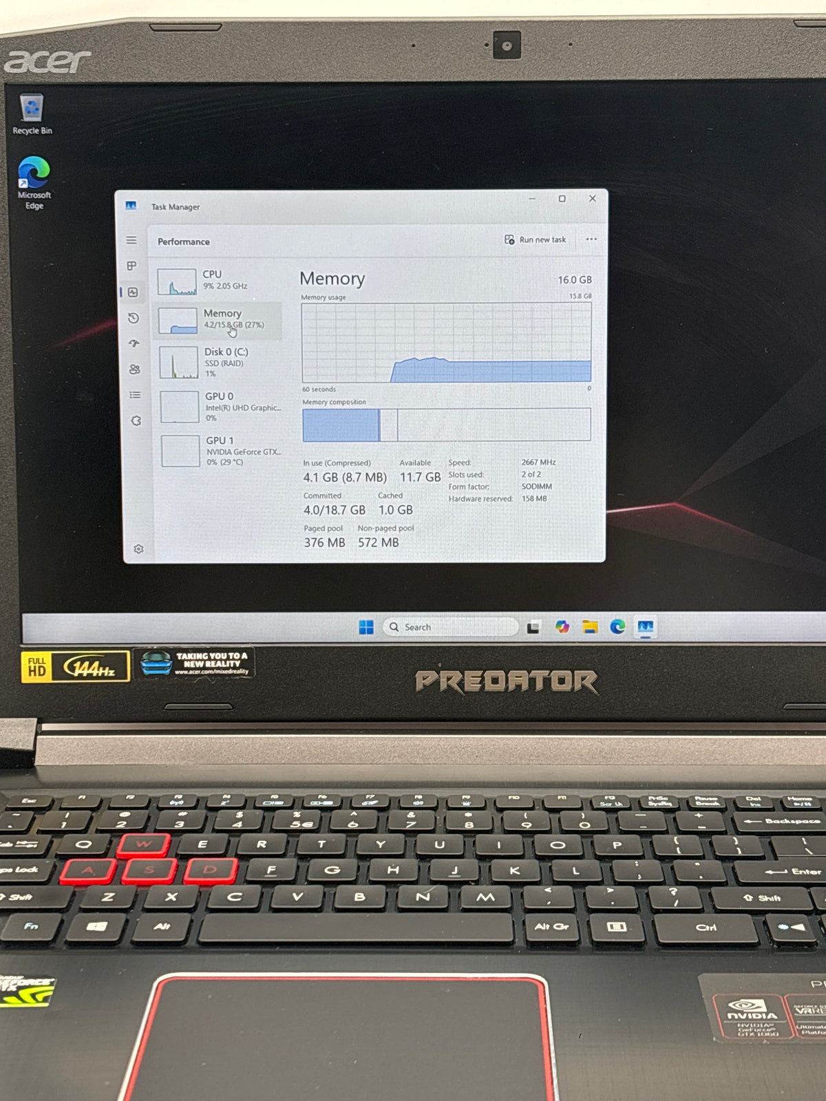 Acer Predator Helios 300 15.6" Core i7-8750H 16GB RAM 256GB SSD GTX 1060 Black - Used
