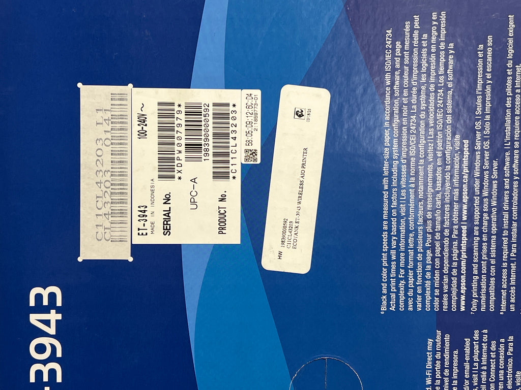 Epson EcoTank ET-3943 Wireless All-in-One Color Supertank Printer - New