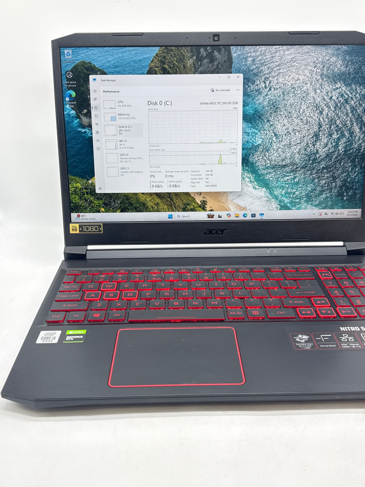 Acer Nitro 5 N20C1 15.6in i5-10300H 8GB RAM 256GB SSD GTX 1650 - Used
