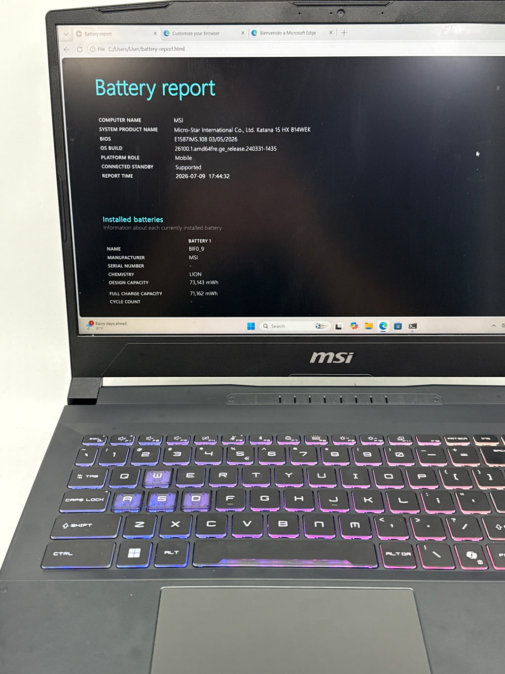 MSI Katana 15 HX B14WEK i7-14650HX 16GB RAM 512GB SSD RTX 5050 - Used