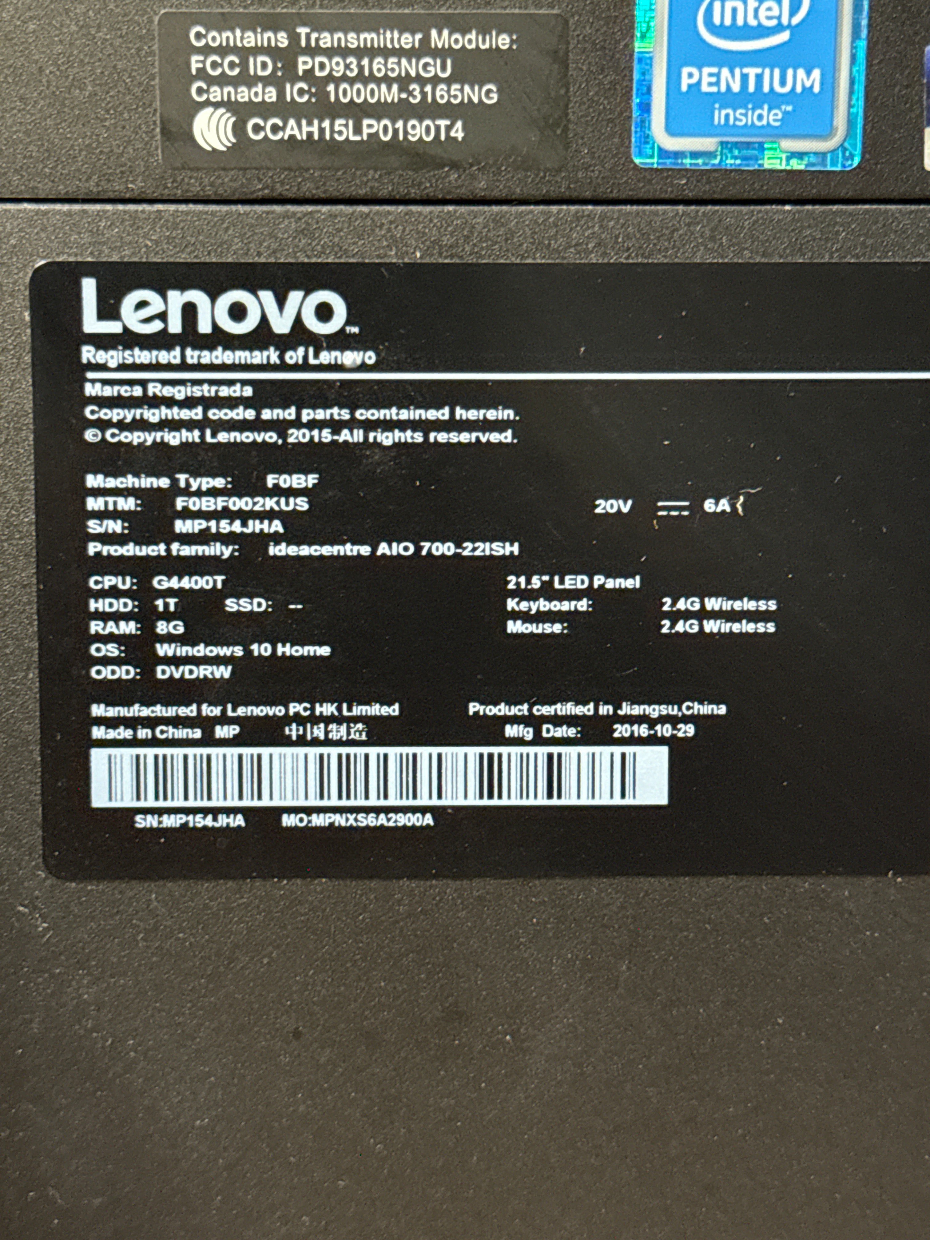 Lenovo AIO 700-22ISH Intel Pentium G4400T 8GB RAM 1TB HDD - For Parts (Bad HDD)