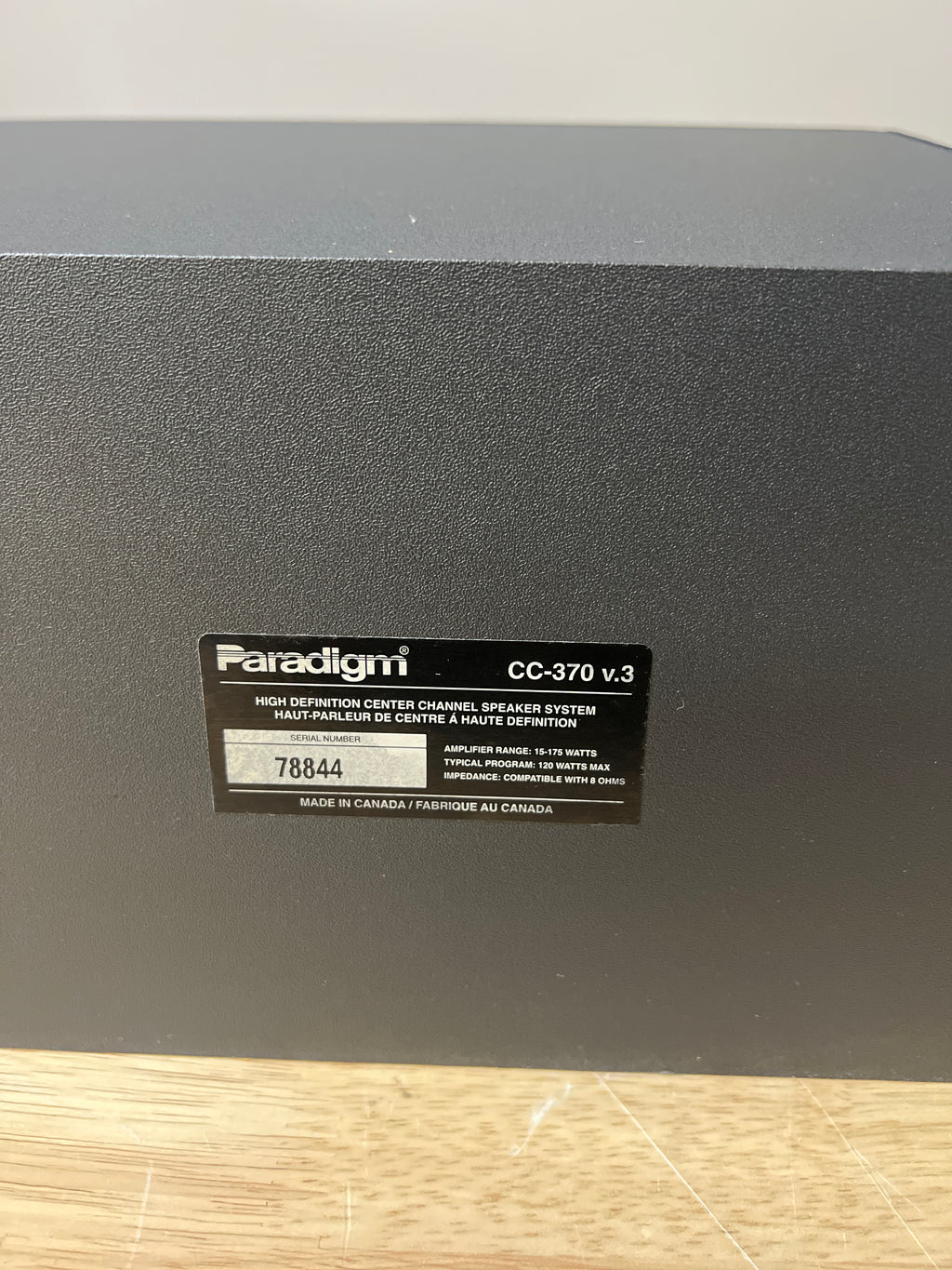 Paradigm CC-370 V3 Center Speaker Black 5.25 Inch 10-175 Watt Used