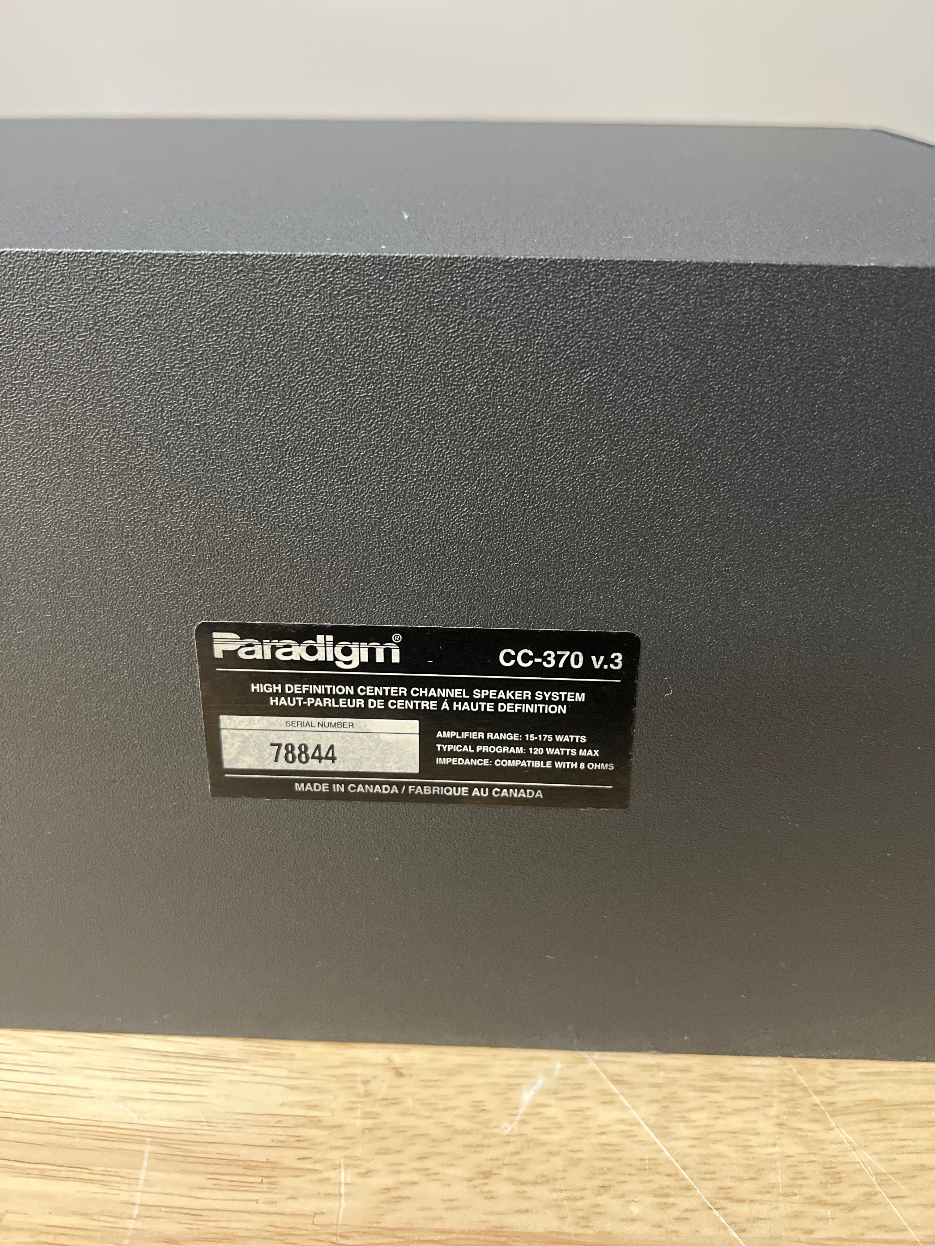 Paradigm CC-370 V3 Center Speaker Black 5.25 Inch 10-175 Watt Used