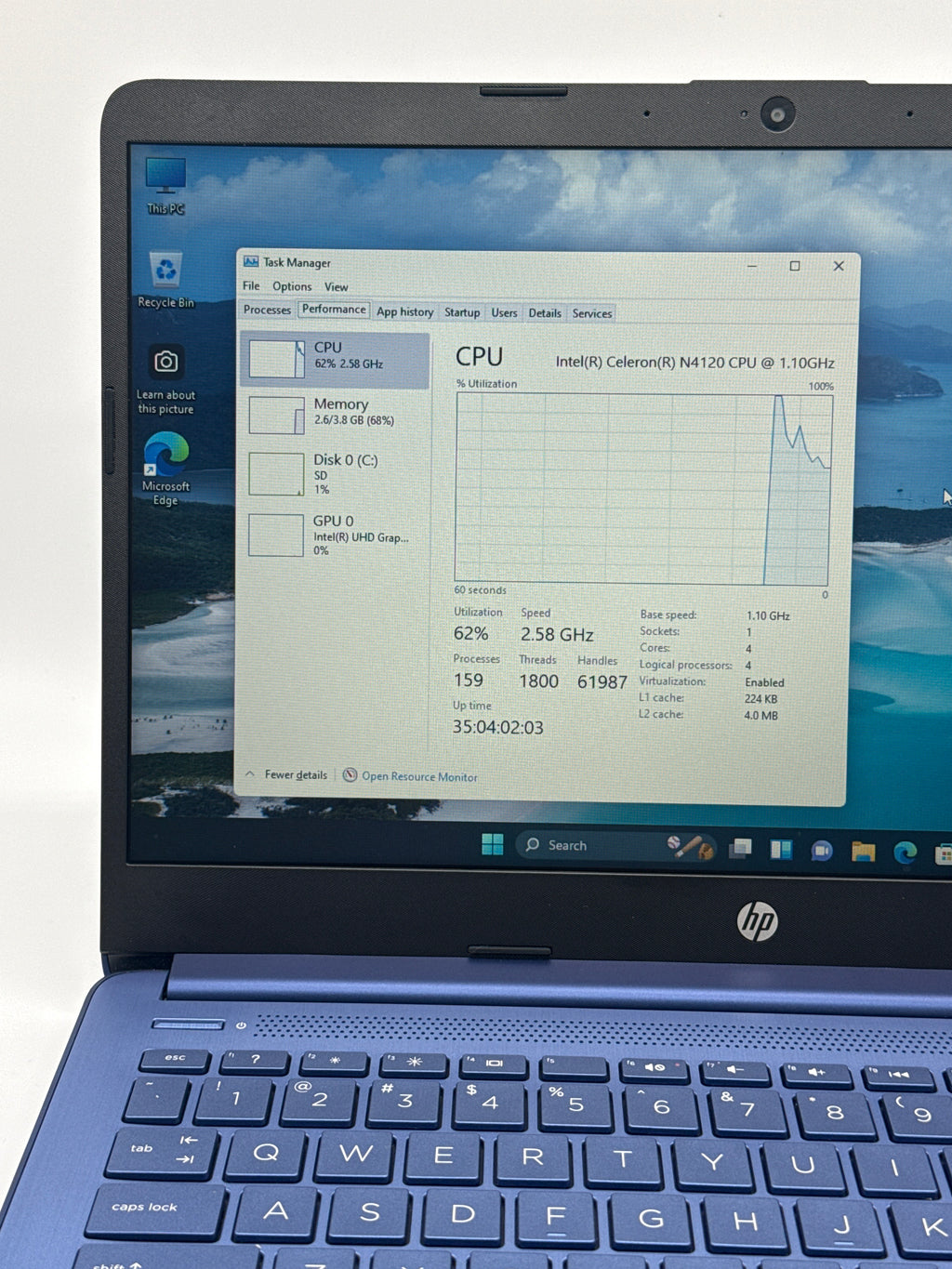 HP Stream 14-CF2111WM 14 inch Intel Celeron N 4GB RAM 64GB Blue