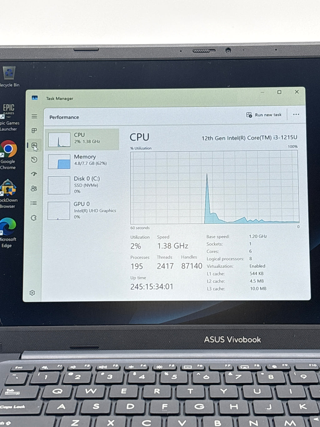 ASUS Vivobook X1404Z Intel Core i3-1215U Win 11 8GB RAM 128 SSD Blue Used
