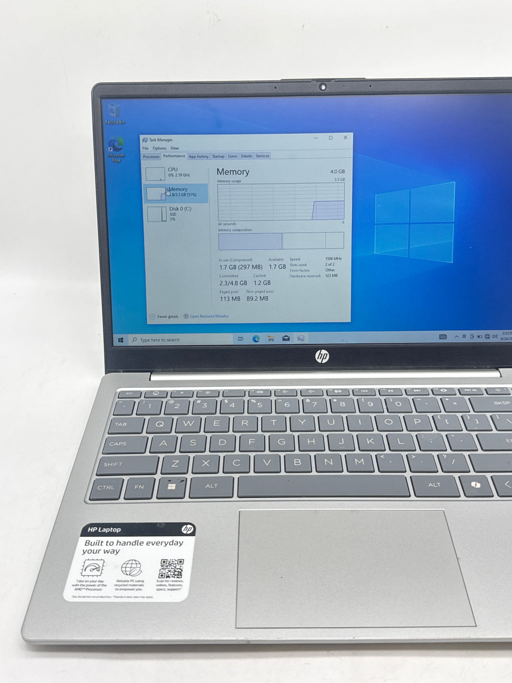 HP 14-EM0349NR 14" AMD Ryzen 3 4GB RAM 256GB HDD Silver - Used