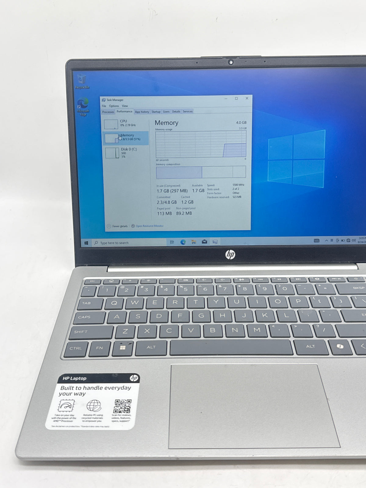 HP 14-EM0349NR 14" AMD Ryzen 3 4GB RAM 256GB HDD Silver - Used