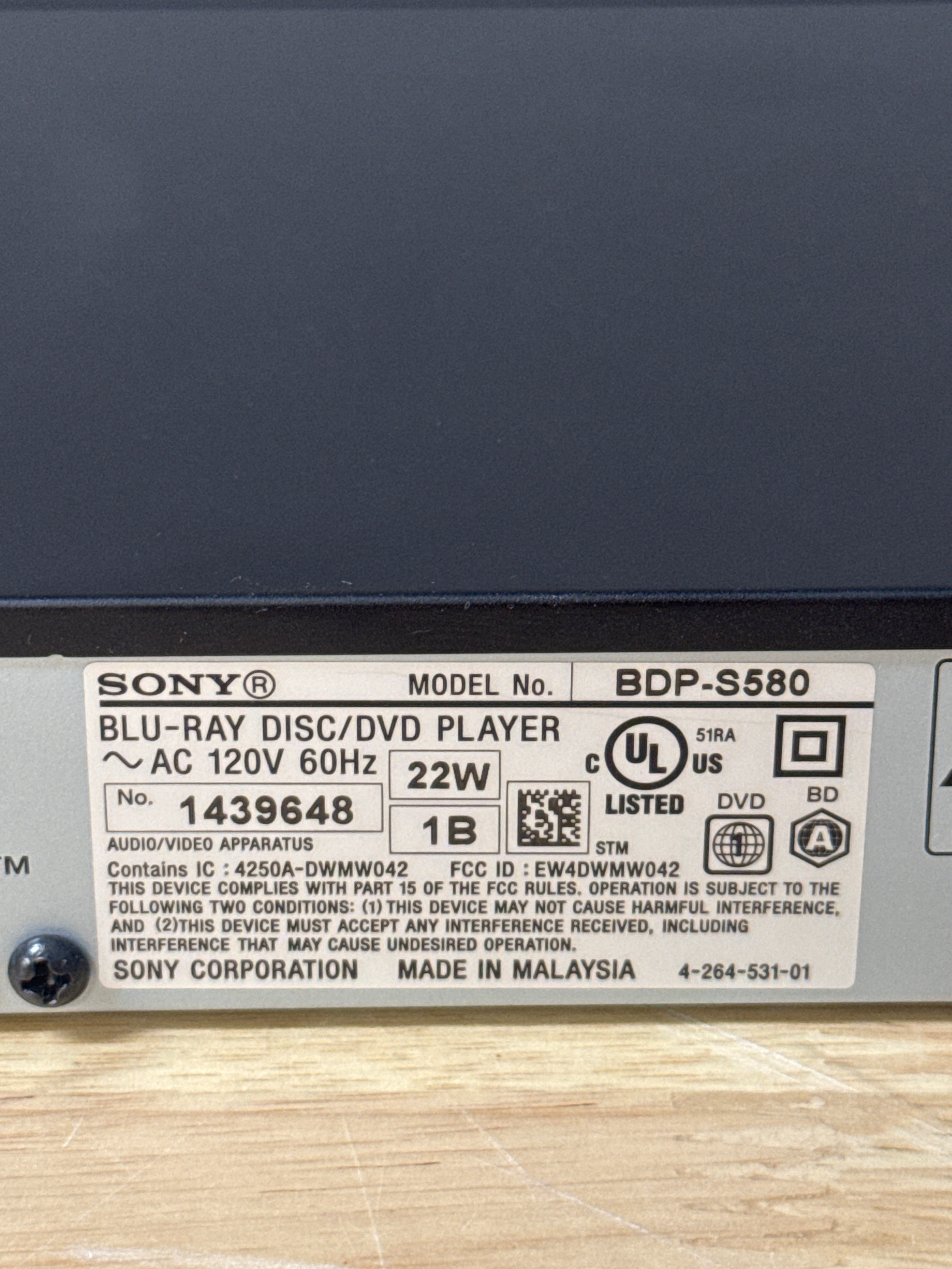 Sony BDP-S580 Blu-ray DVD Player - New In Box