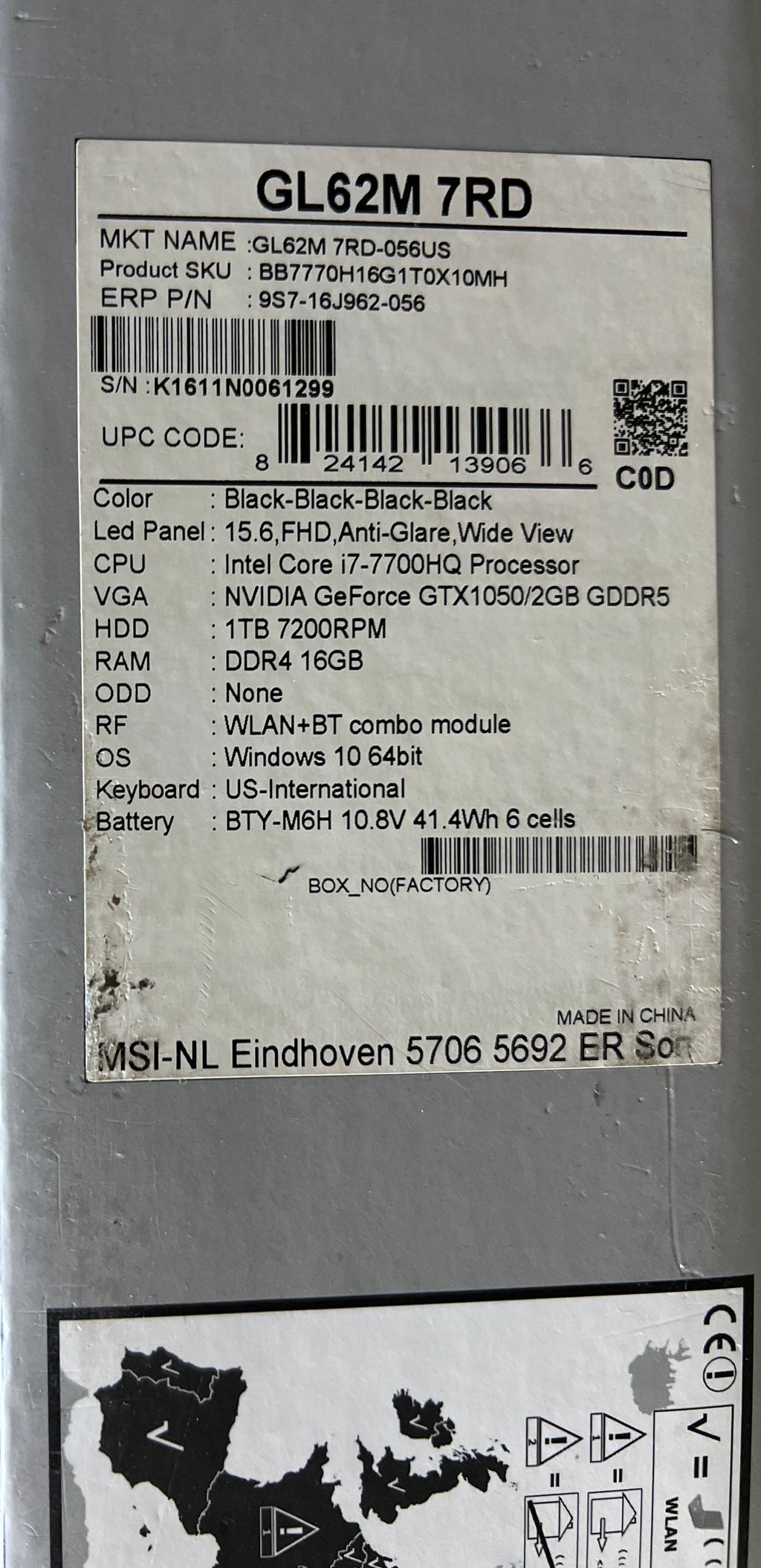 MSI GL62M 7RD i7-7700HQ 16GB RAM 1TB HDD GTX 1050 - Used with Box