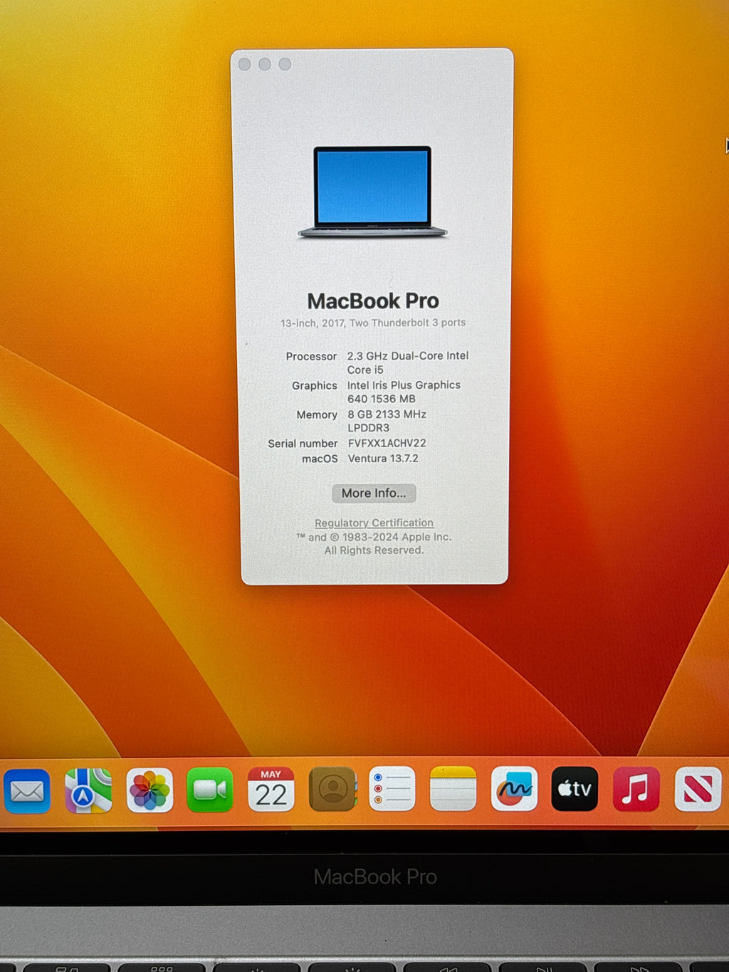Apple MacBook Pro 2017 13.3" A1708 i5 2.3GHz 8GB RAM 128GB SSD - Service Battery