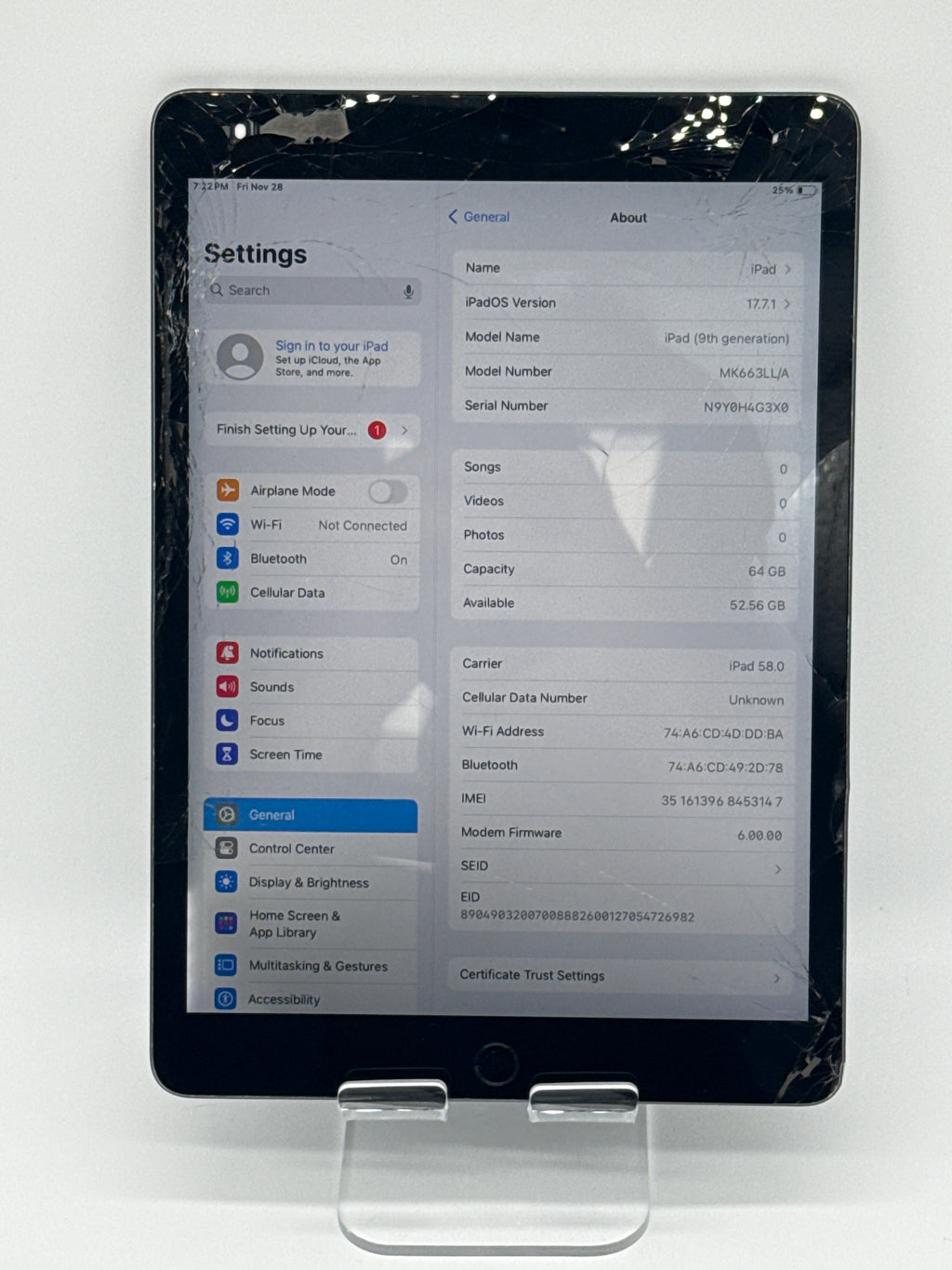 Apple iPad 9th Gen 10.2" 64GB Wi-Fi + Cellular Gray (AT&T) - READ DESC