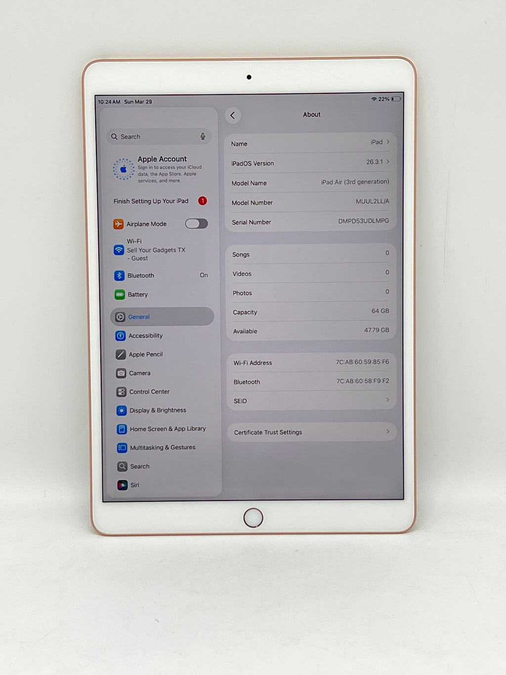 Apple iPad Air 3rd Gen A2152 64GB Wi-Fi  Rose Gold - Used