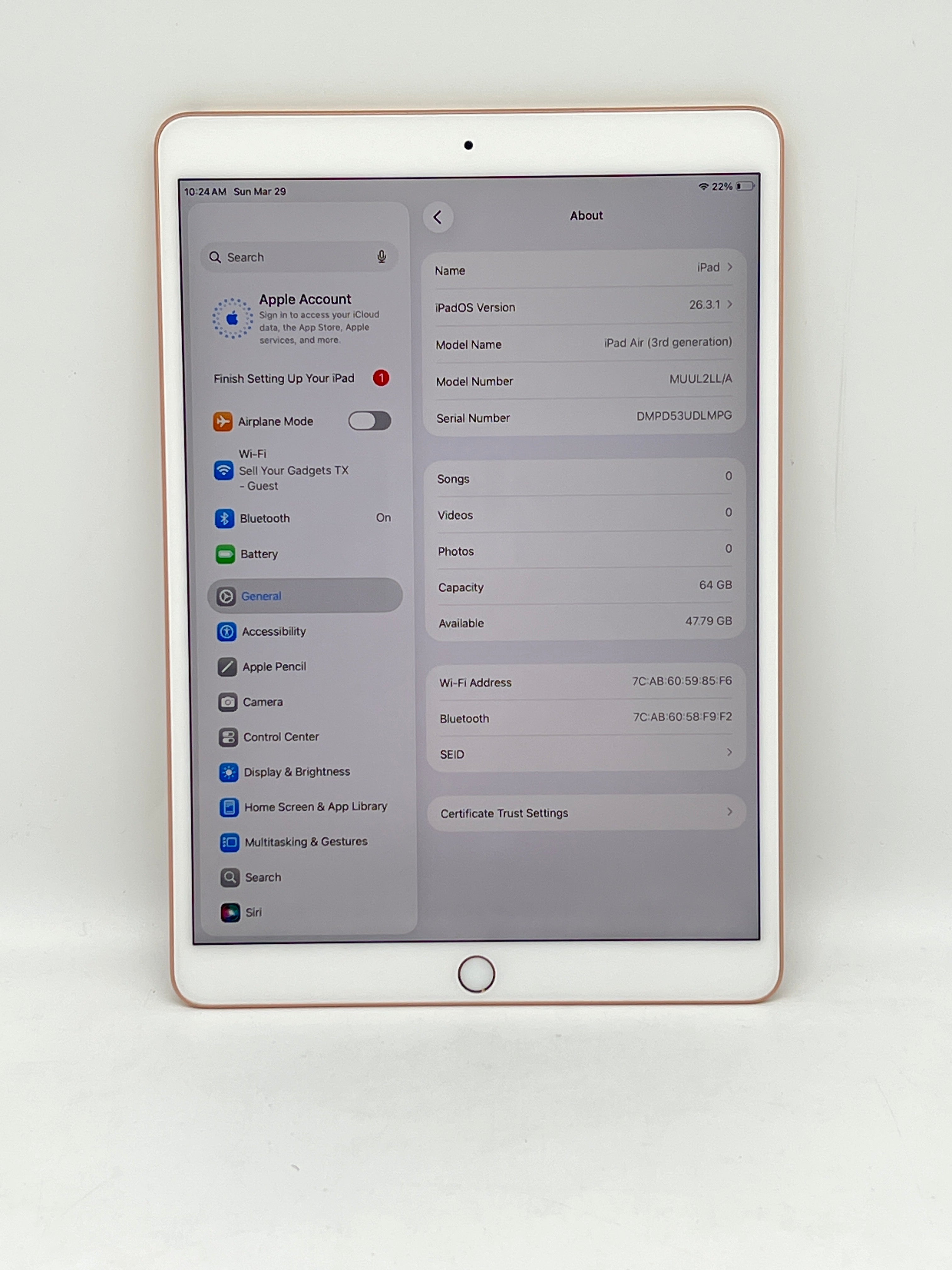 Apple iPad Air 3rd Gen A2152 64GB Wi-Fi  Rose Gold - Used