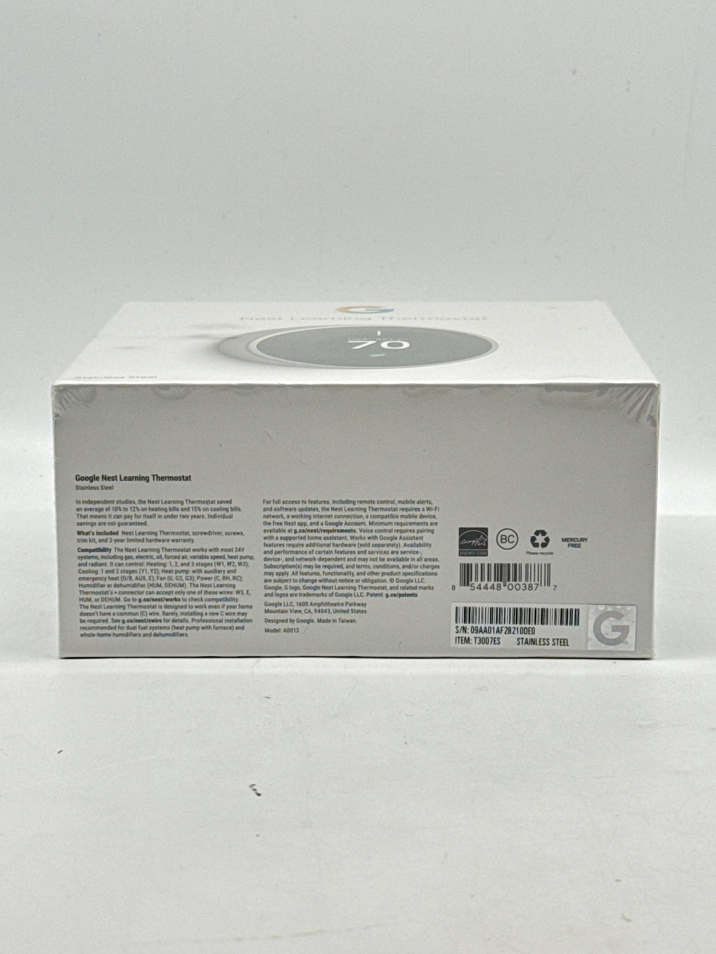 Google Nest Smart Learning Thermostat - Stainless Steel
