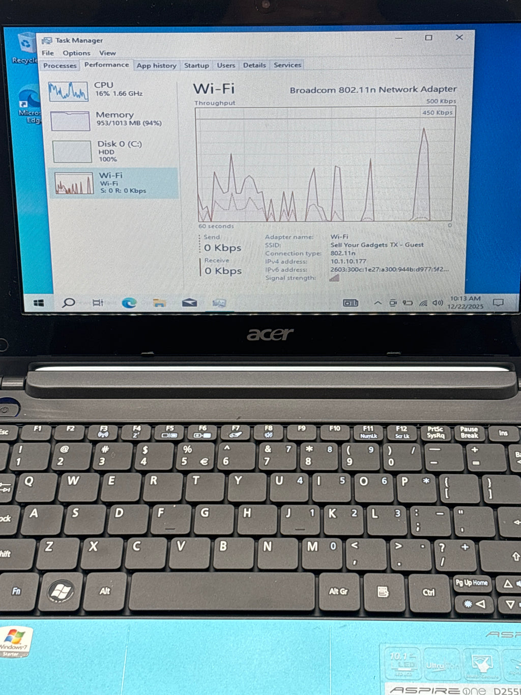 Acer Aspire One Intel Atom 1.60 GHz 1 GB RAM Blue For Parts (Read DESC)