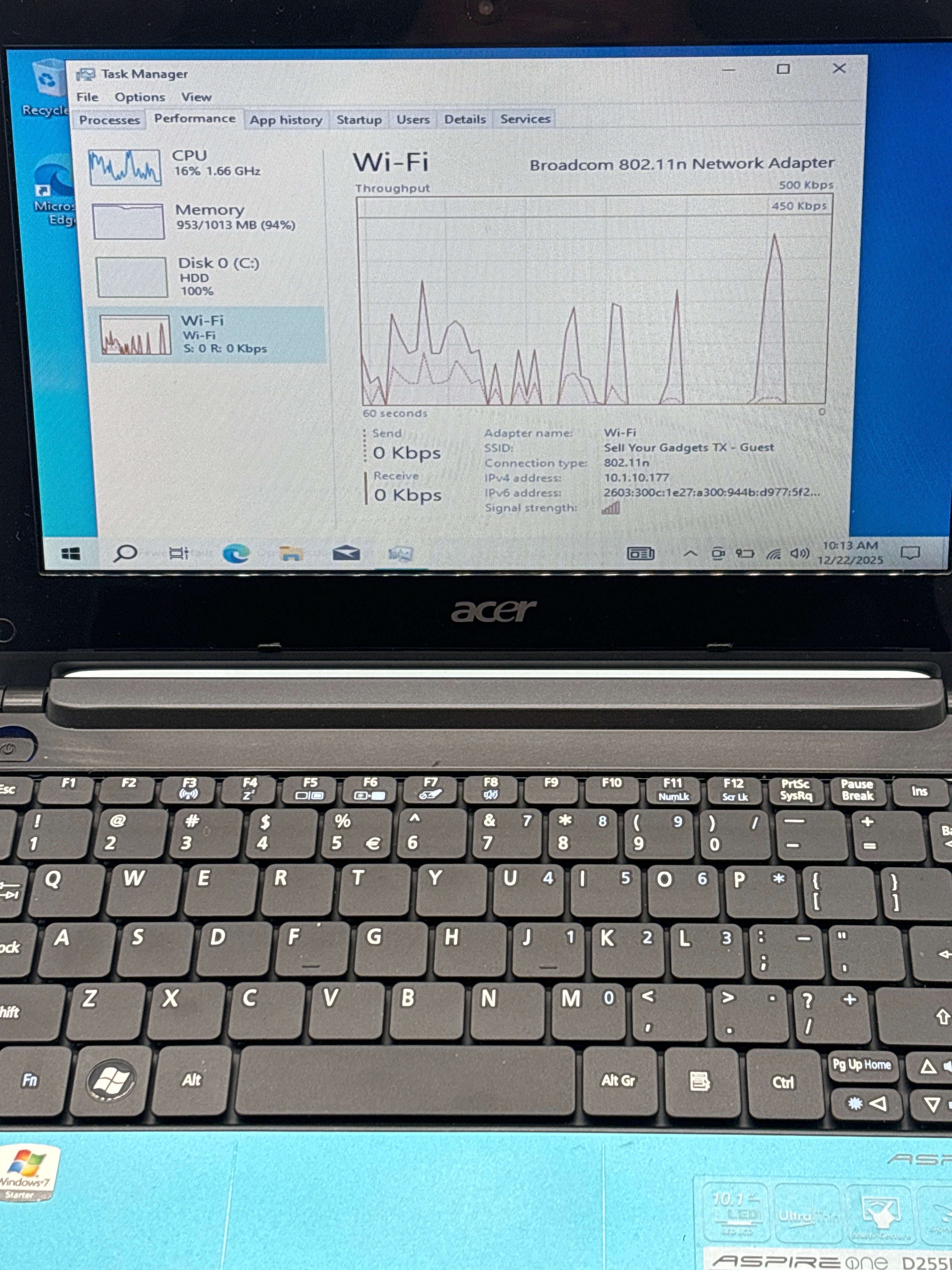 Acer Aspire One Intel Atom 1.60 GHz 1 GB RAM Blue For Parts (Read DESC)