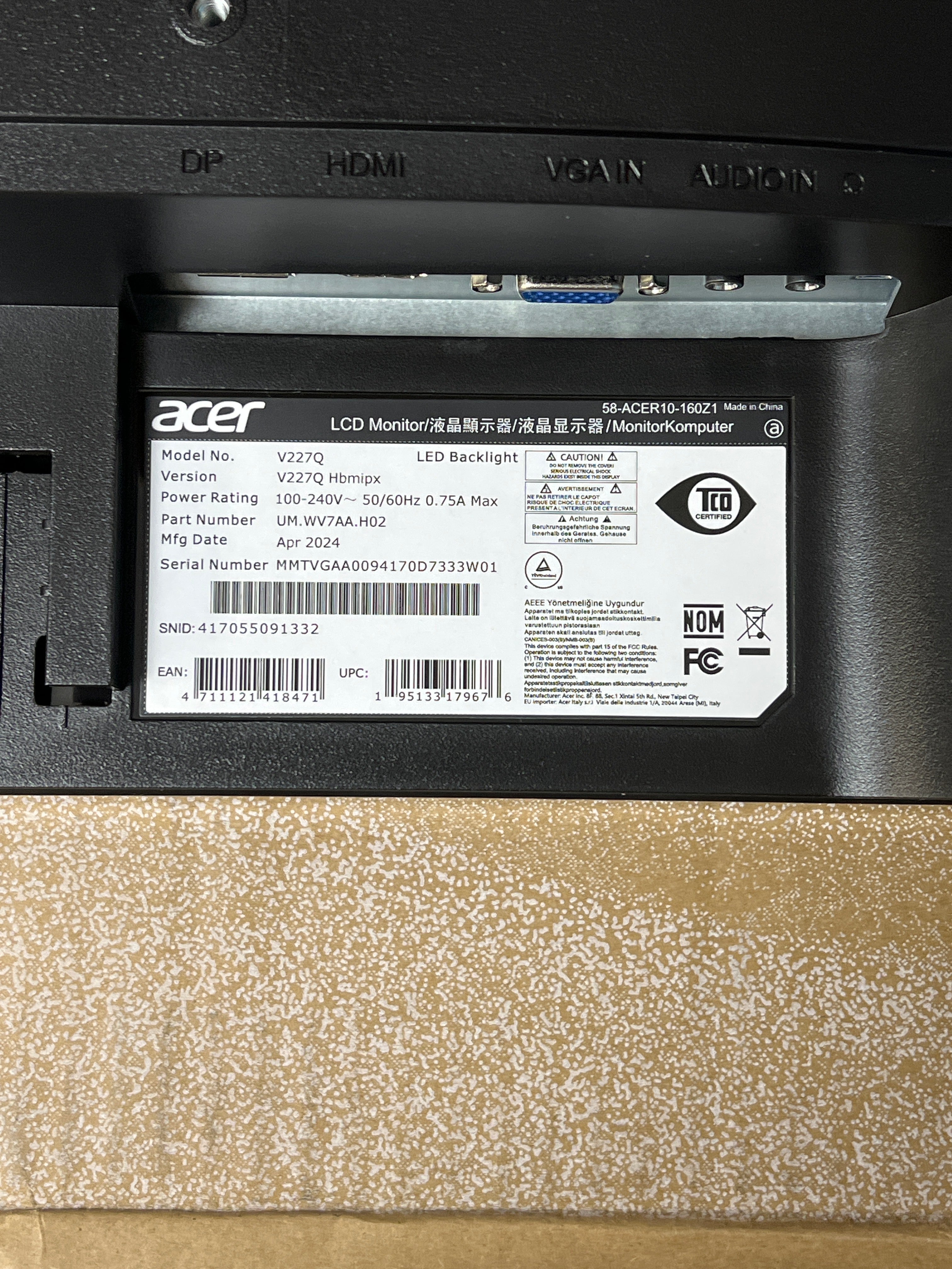 Acer Vero V7 Monitor V227Q 22" 1080p 100Hz 4ms LED - New