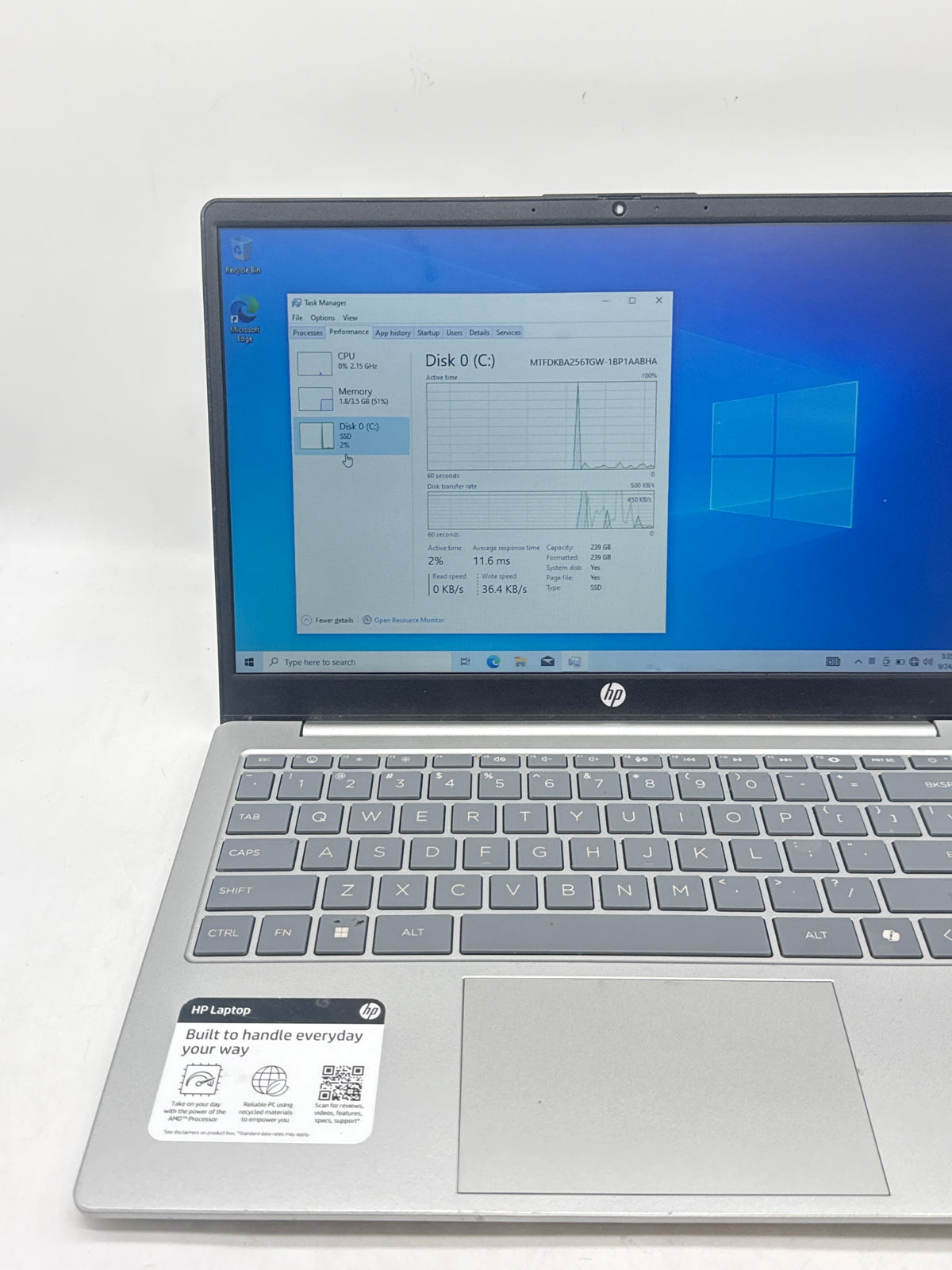 HP 14-EM0349NR 14" AMD Ryzen 3 4GB RAM 256GB HDD Silver - Used
