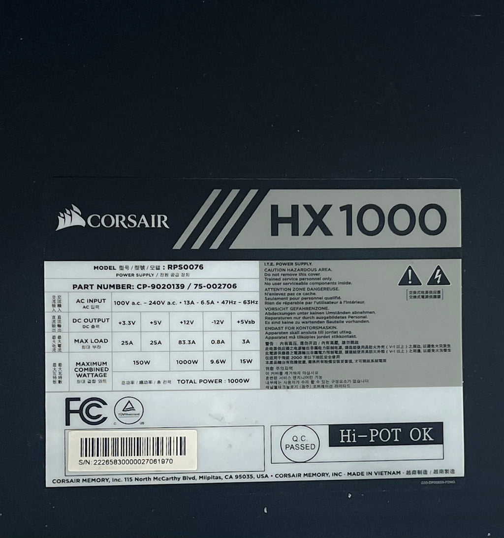 Corsair HX1000 Power Supply Black - Used