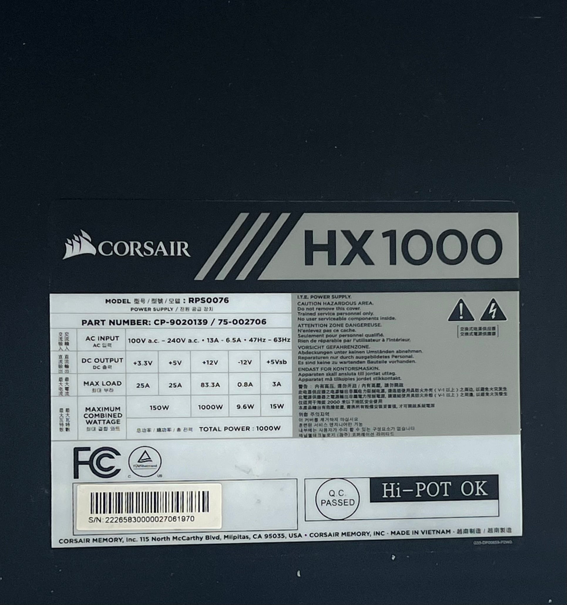 Corsair HX1000 Power Supply Black - Used
