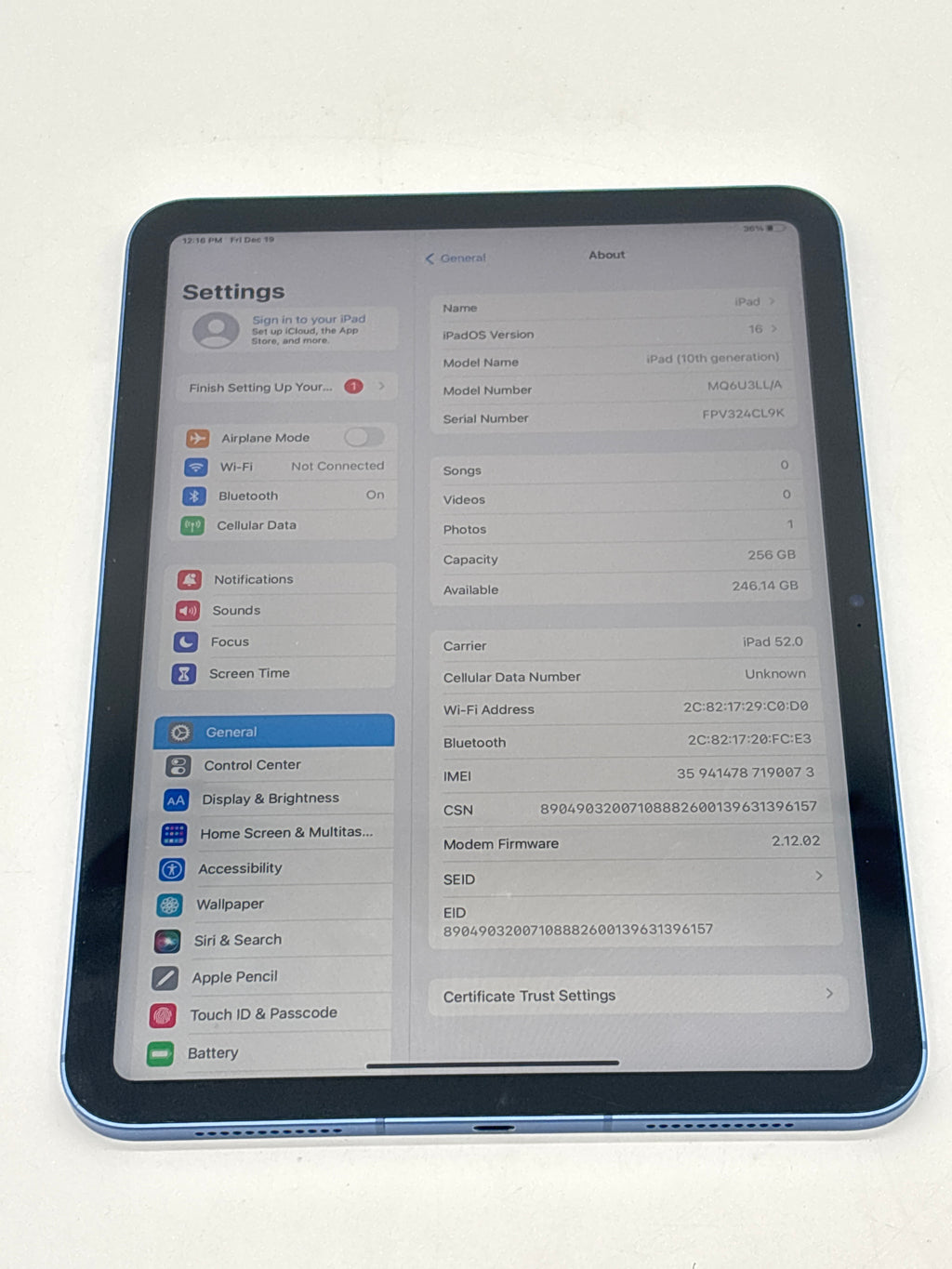 Apple iPad (10th Gen) A2757 256GB WiFi+Cellular Blue Used