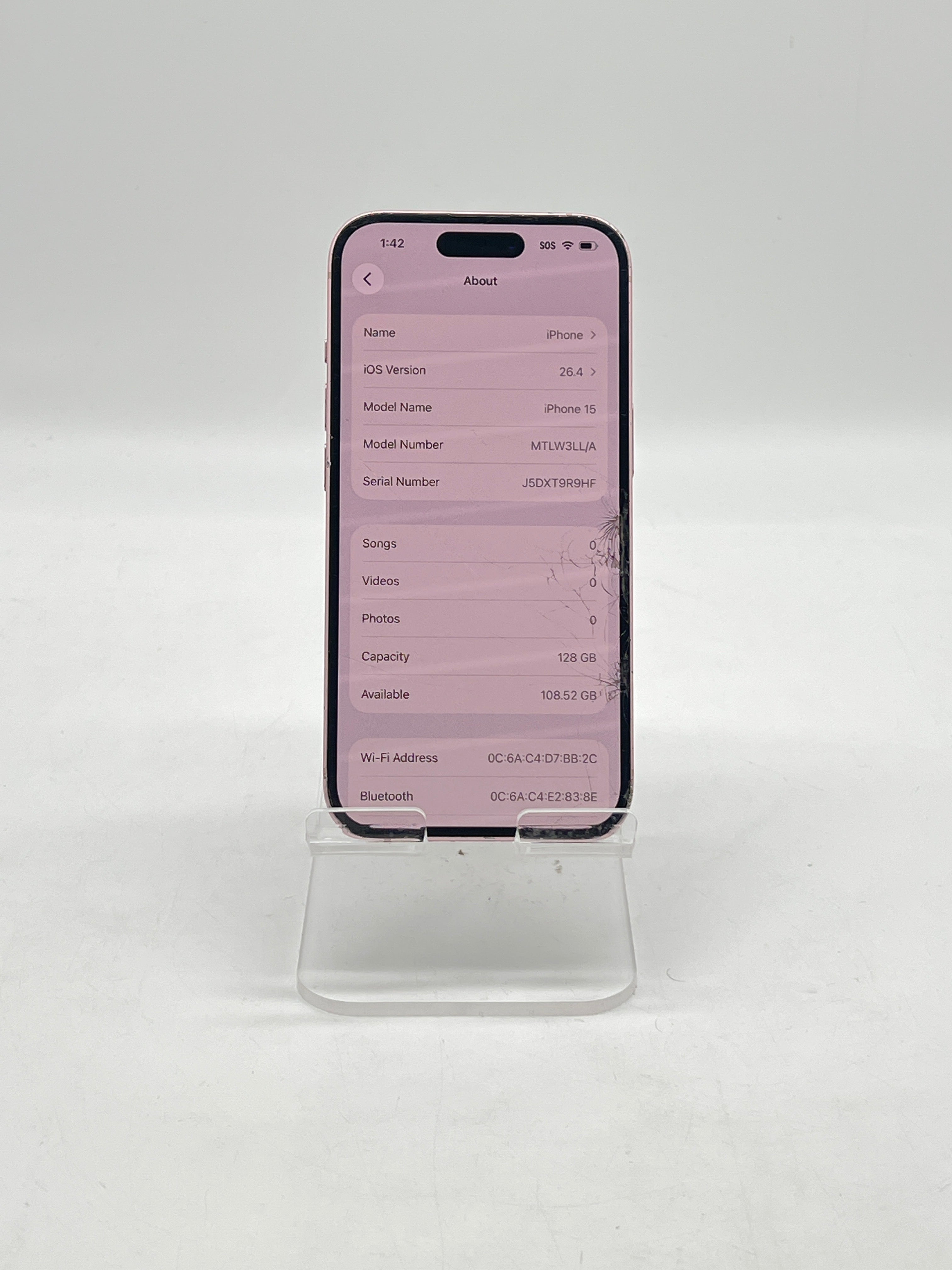Apple iPhone 15 128GB T-Mobile Pink front, back and camera lens cracked