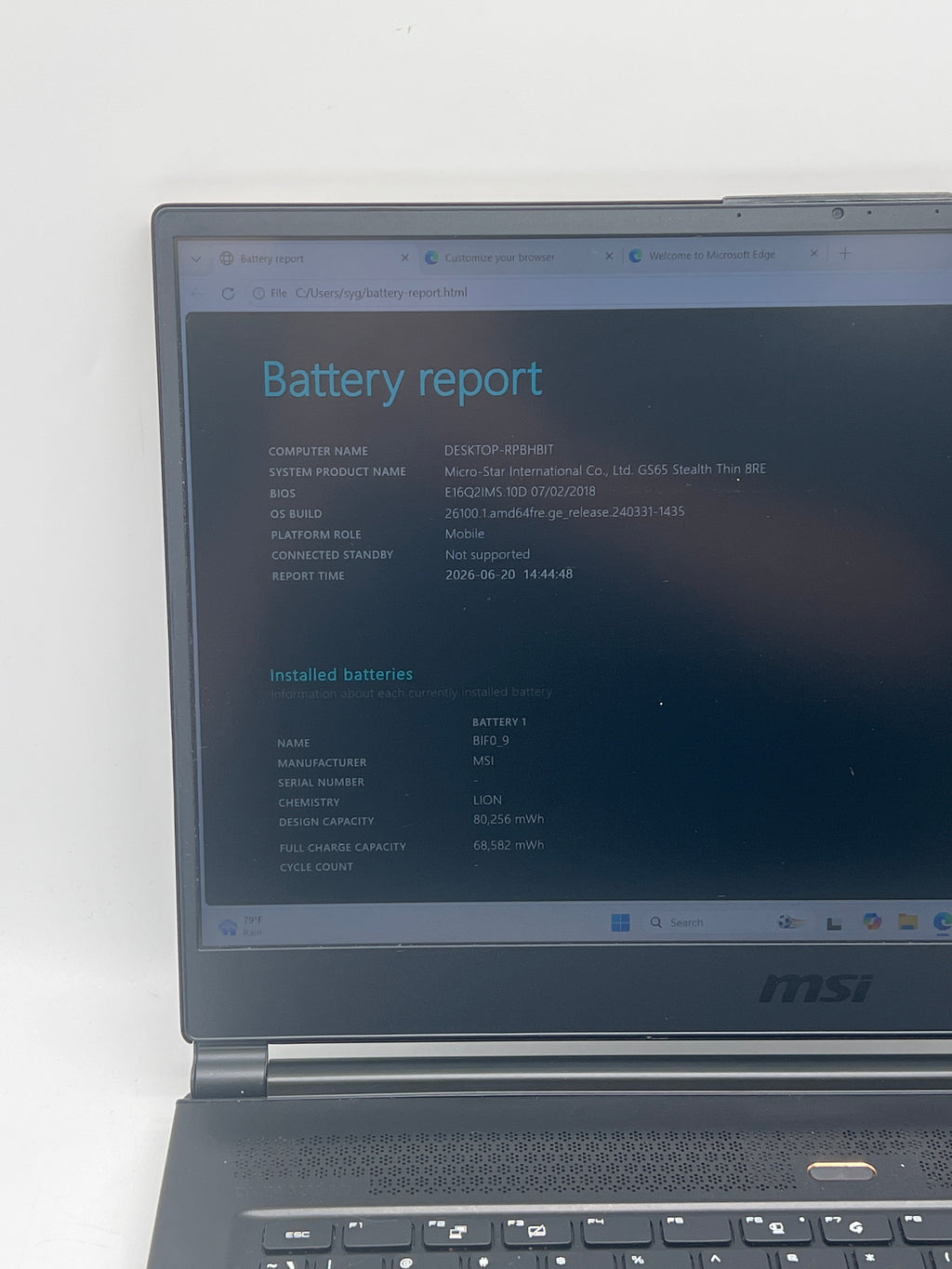MSI GS65 Stealth Thin 8RE 15.6" Core i7-8750H 16GB RAM 256GB SSD - Used