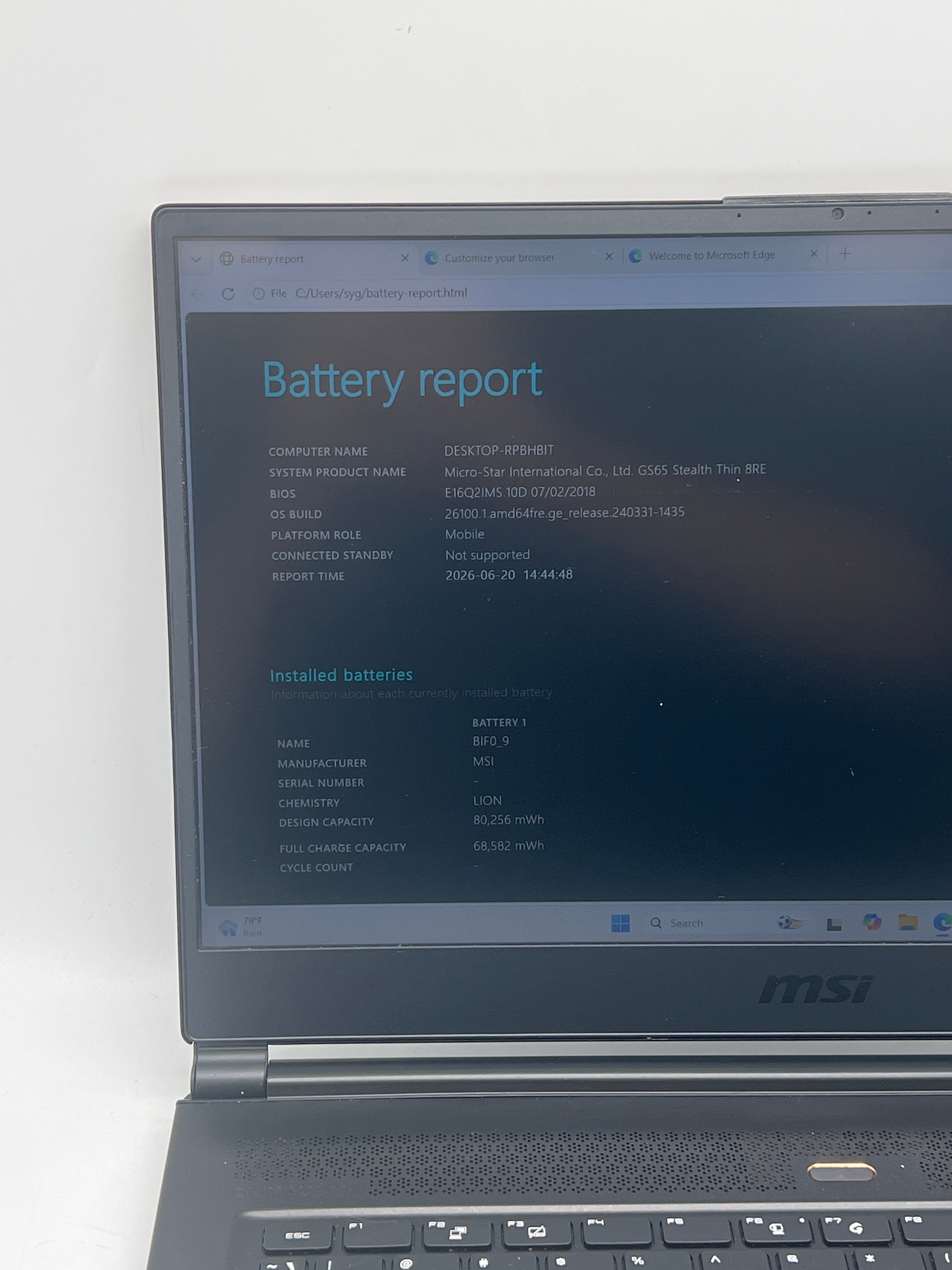 MSI GS65 Stealth Thin 8RE 15.6" Core i7-8750H 16GB RAM 256GB SSD - Used