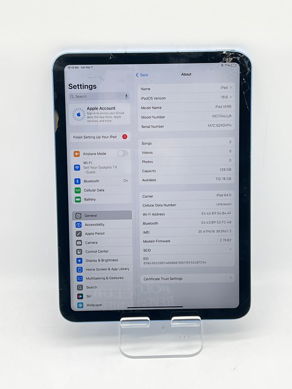 Apple iPad 11th GEN 128GB WiFi + Cellular Cracked Screen