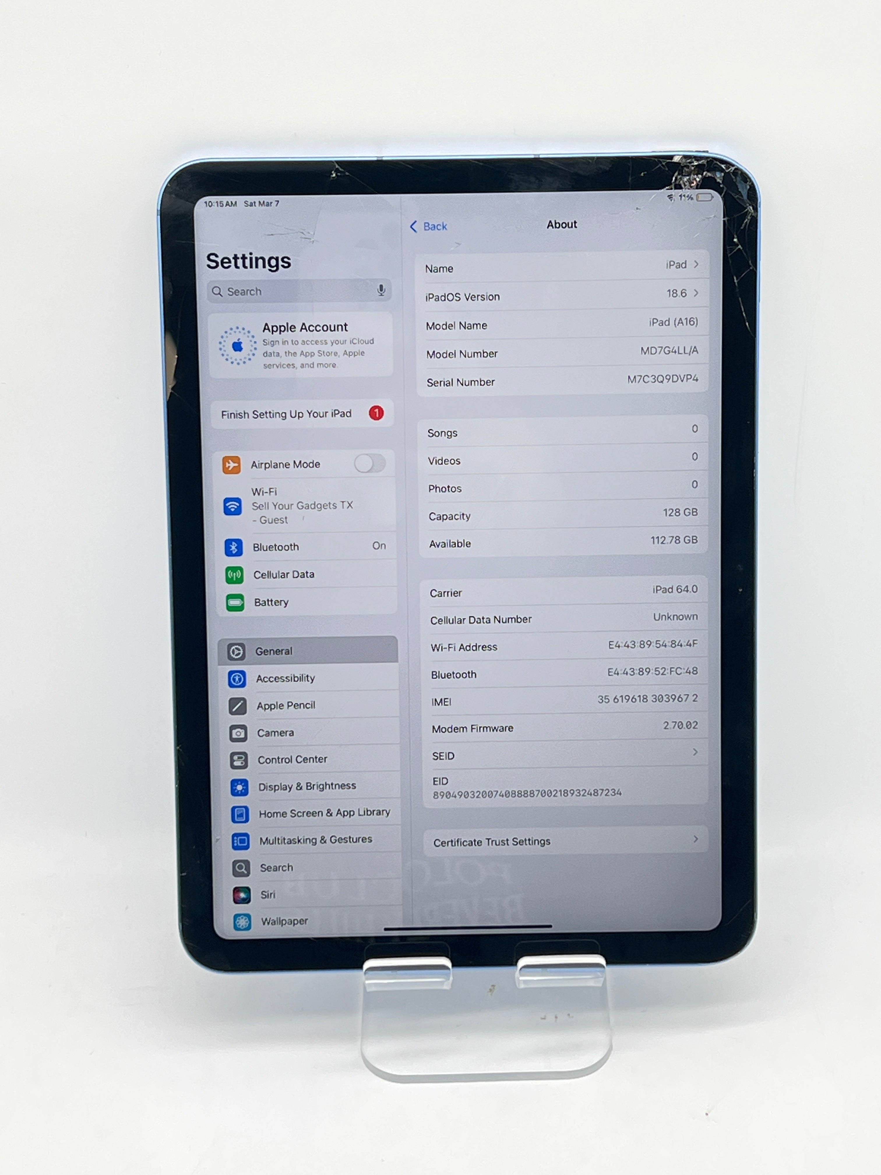 Apple iPad 11th GEN 128GB WiFi + Cellular Cracked Screen