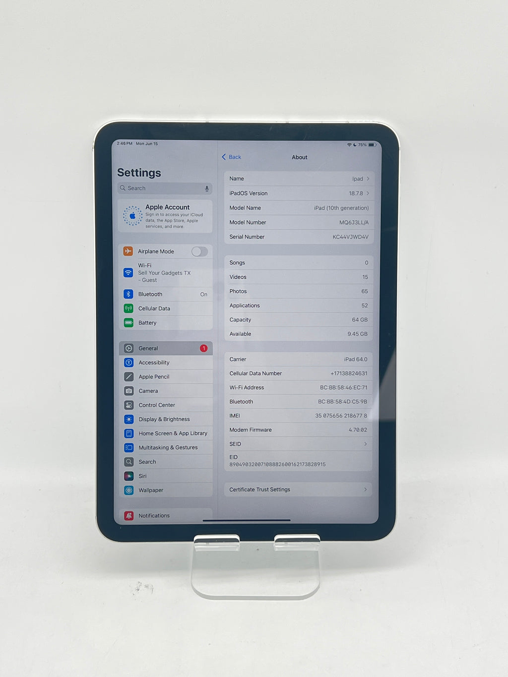 Apple iPad 10th Gen A2757 64GB Silver Wi-Fi + Cellular Unlocked