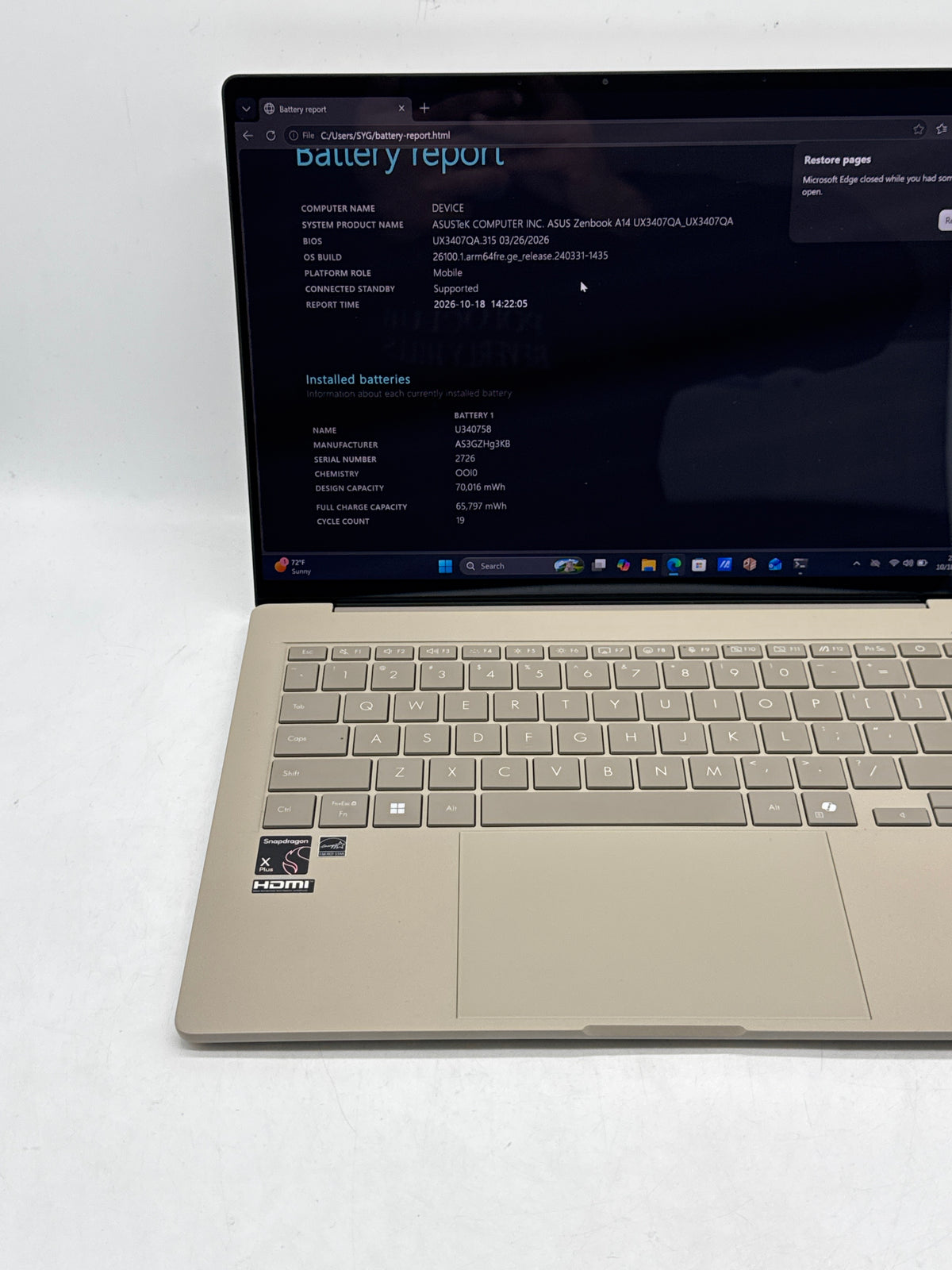 Asus ZenBook A14 UX3407QA Snapdragon X Plus 16GB RAM 512GB SSD - READ