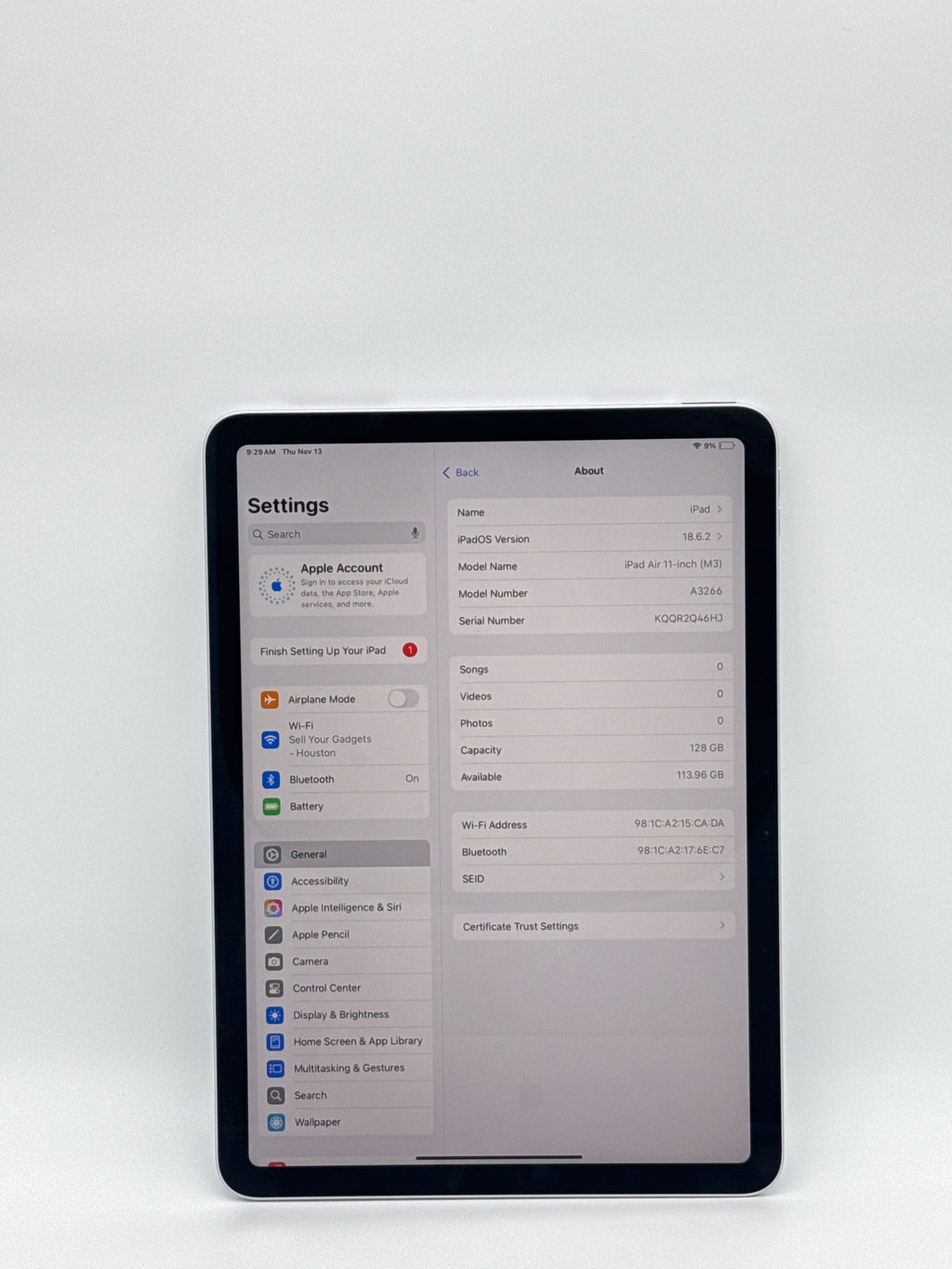 Apple iPad Air 11-inch M3 A3266 Battery 100% 128GB Purple Wi-Fi Only