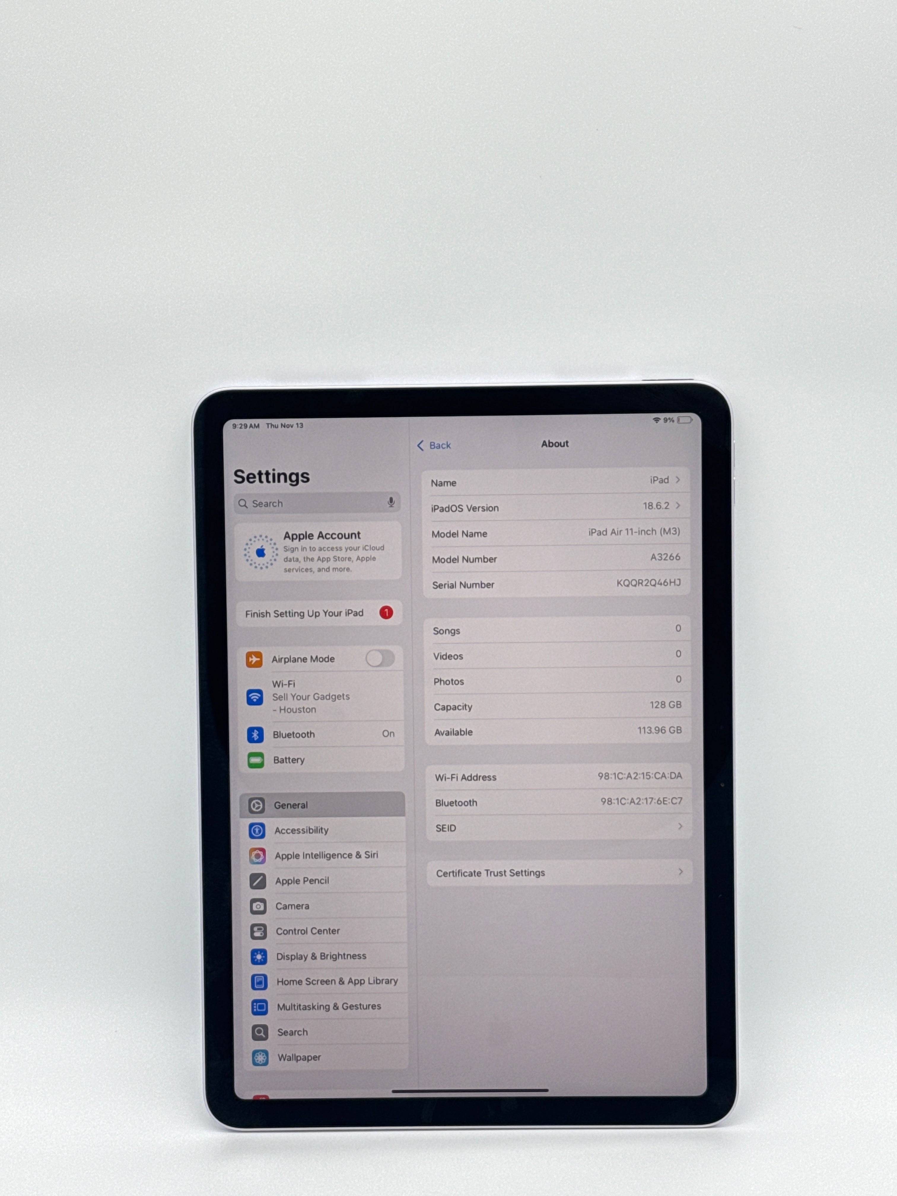 Apple iPad Air 11-inch M3 A3266 Battery 100% 128GB Purple Wi-Fi Only
