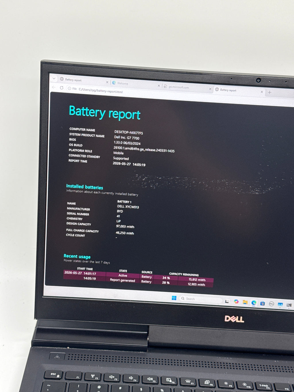 Dell G7 7700 i7-10750H 16GB RAM 512GB SSD GTX 1660 Ti - Bad Battery