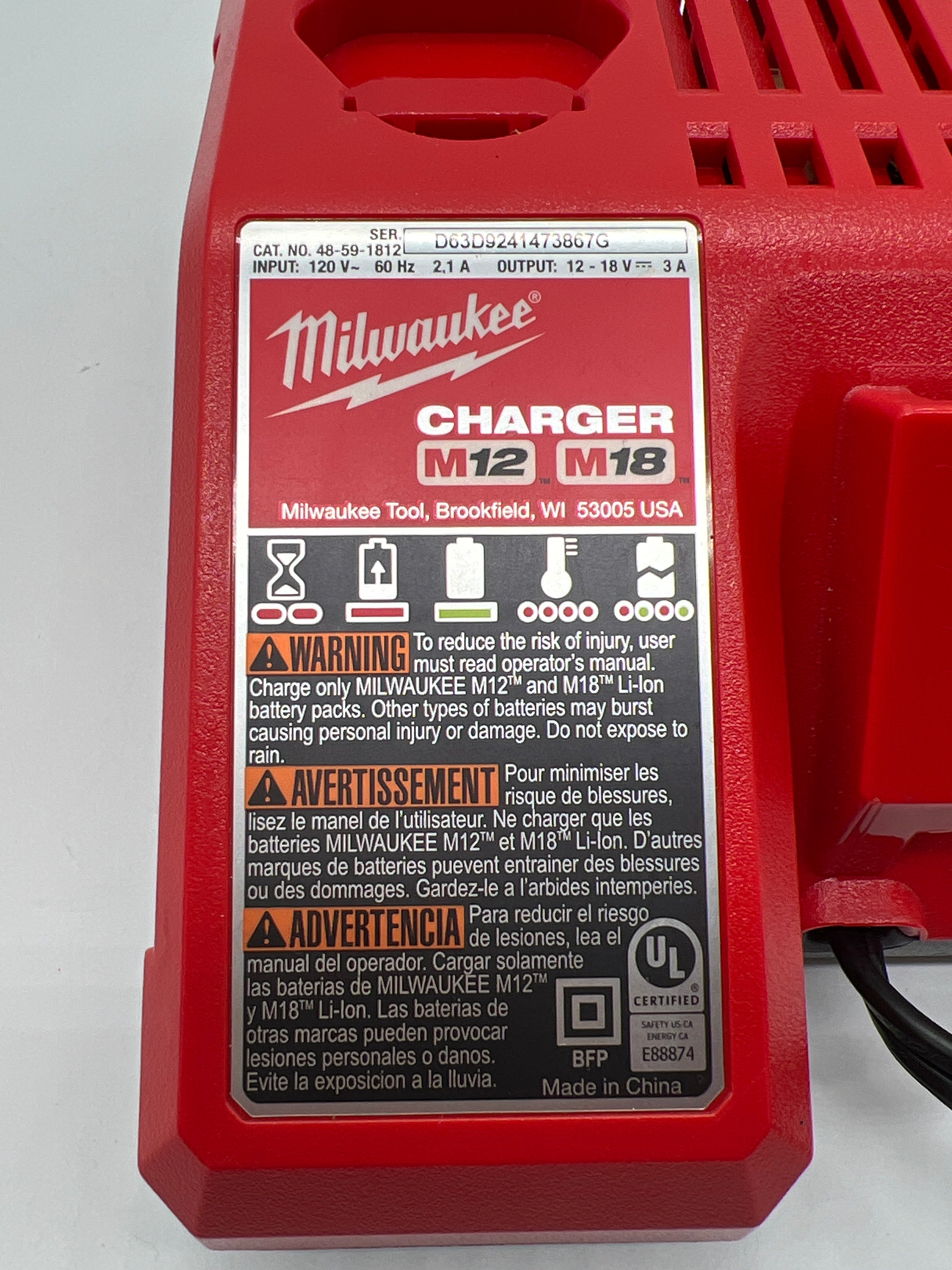 Milwaukee 48-59-1812 M12 M18 Battery Charger 18V Corded - Used