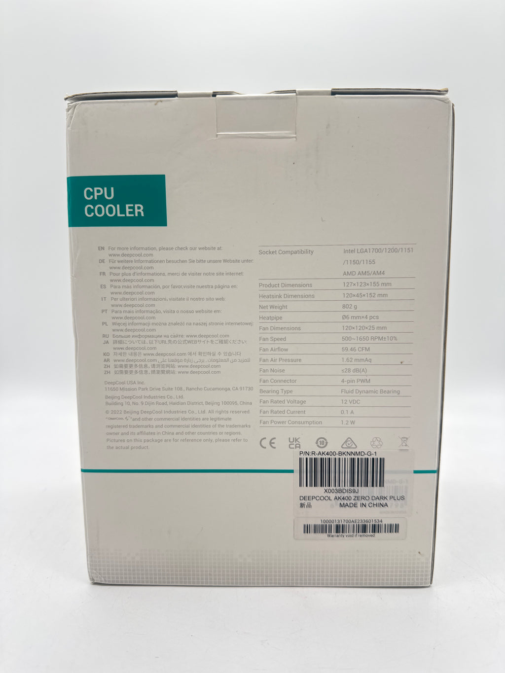 DeepCool AK400 Zero Dark Plus CPU Fan with Heatsink - New In Box