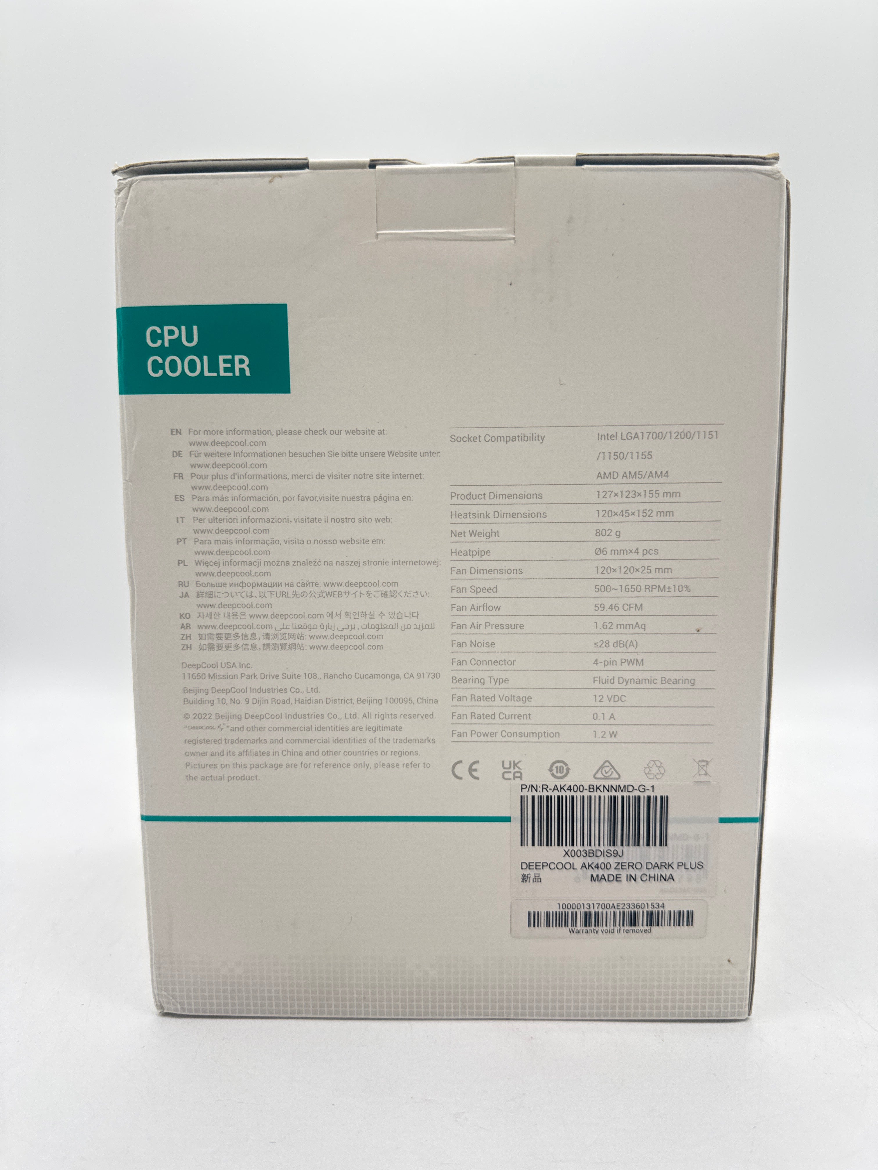 DeepCool AK400 Zero Dark Plus CPU Fan with Heatsink - New In Box