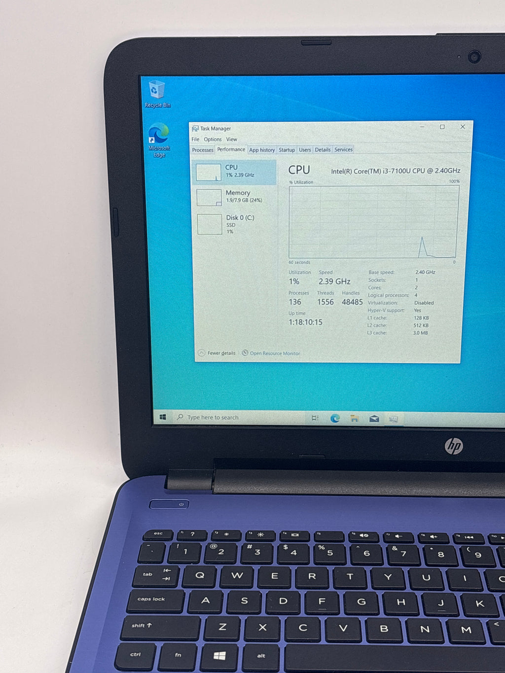HP 15t-ay100 15.6" Core i3-7100U 8GB RAM 128GB SSD Blue - Used